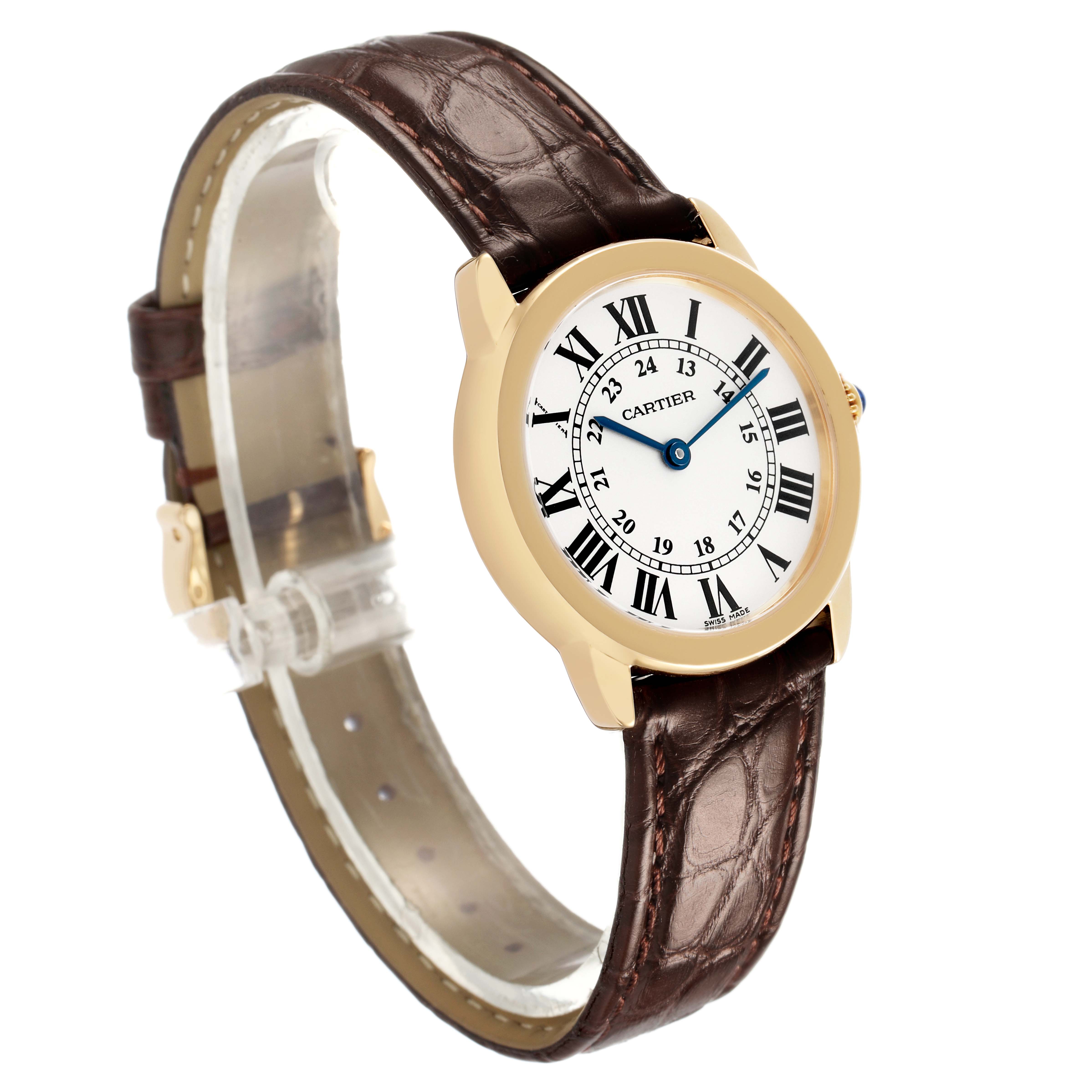 The Cartier Ronde W6700355 Women's Yellow Gold Silver Dial watch is shown at a three-quarter angle, highlighting the face, bezel, and leather strap.