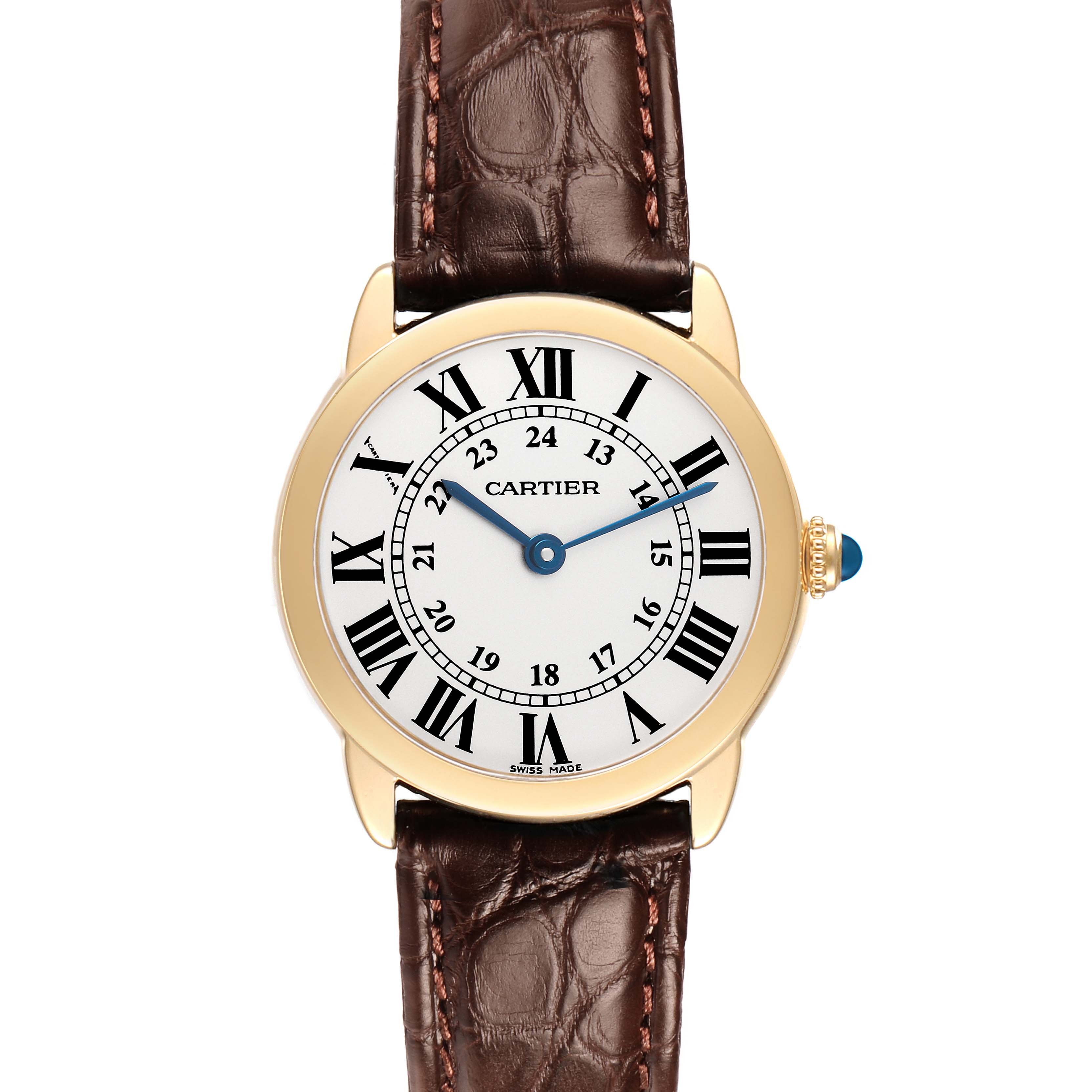 The Cartier Ronde W6700355 Women's Yellow Gold Silver Dial watch is shown in a front view, featuring a round gold case, Roman numerals, and a brown leather strap.