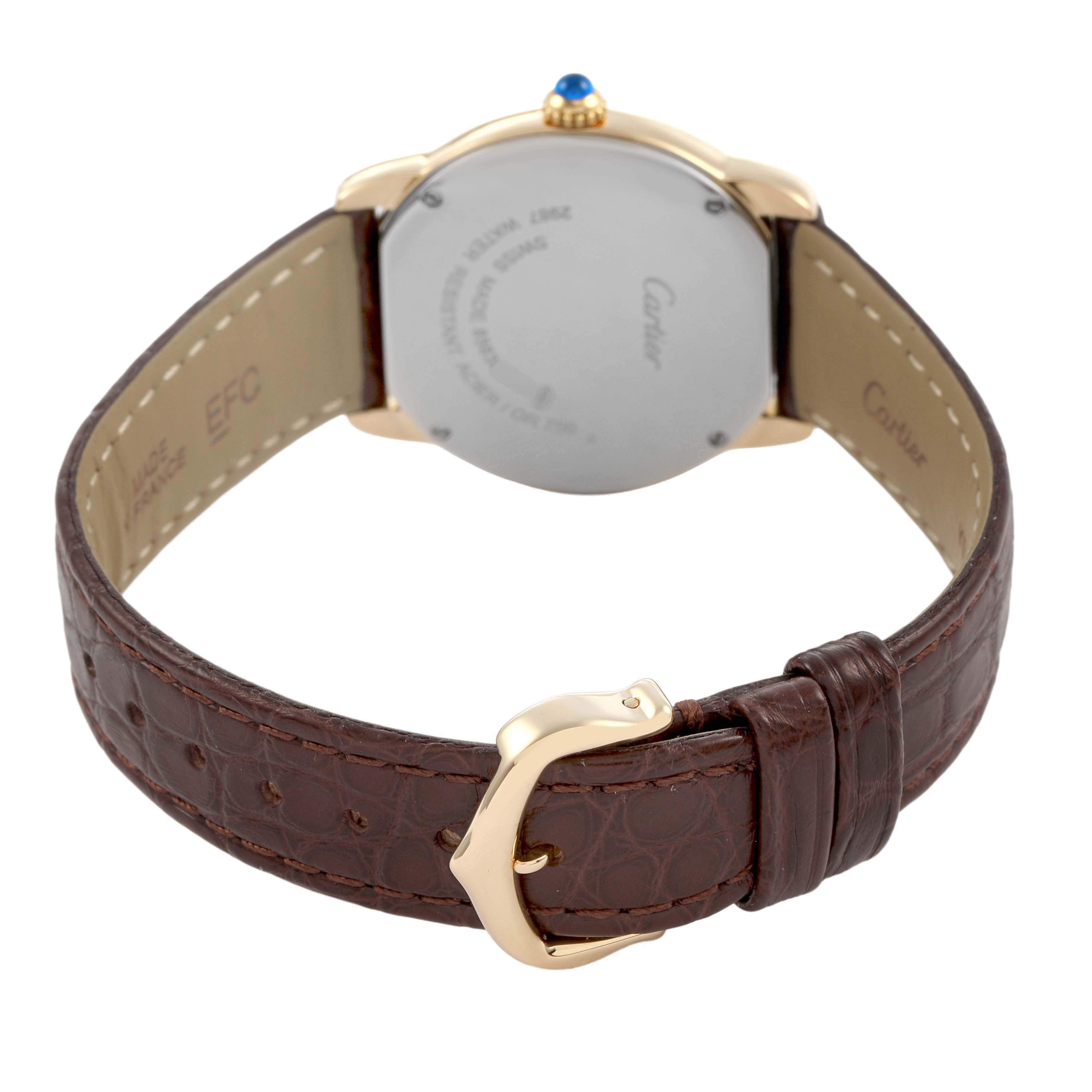 The image shows the back of the Cartier Ronde W6700355 Women's Yellow Gold Silver Dial watch, highlighting the case, leather strap, and buckle.
