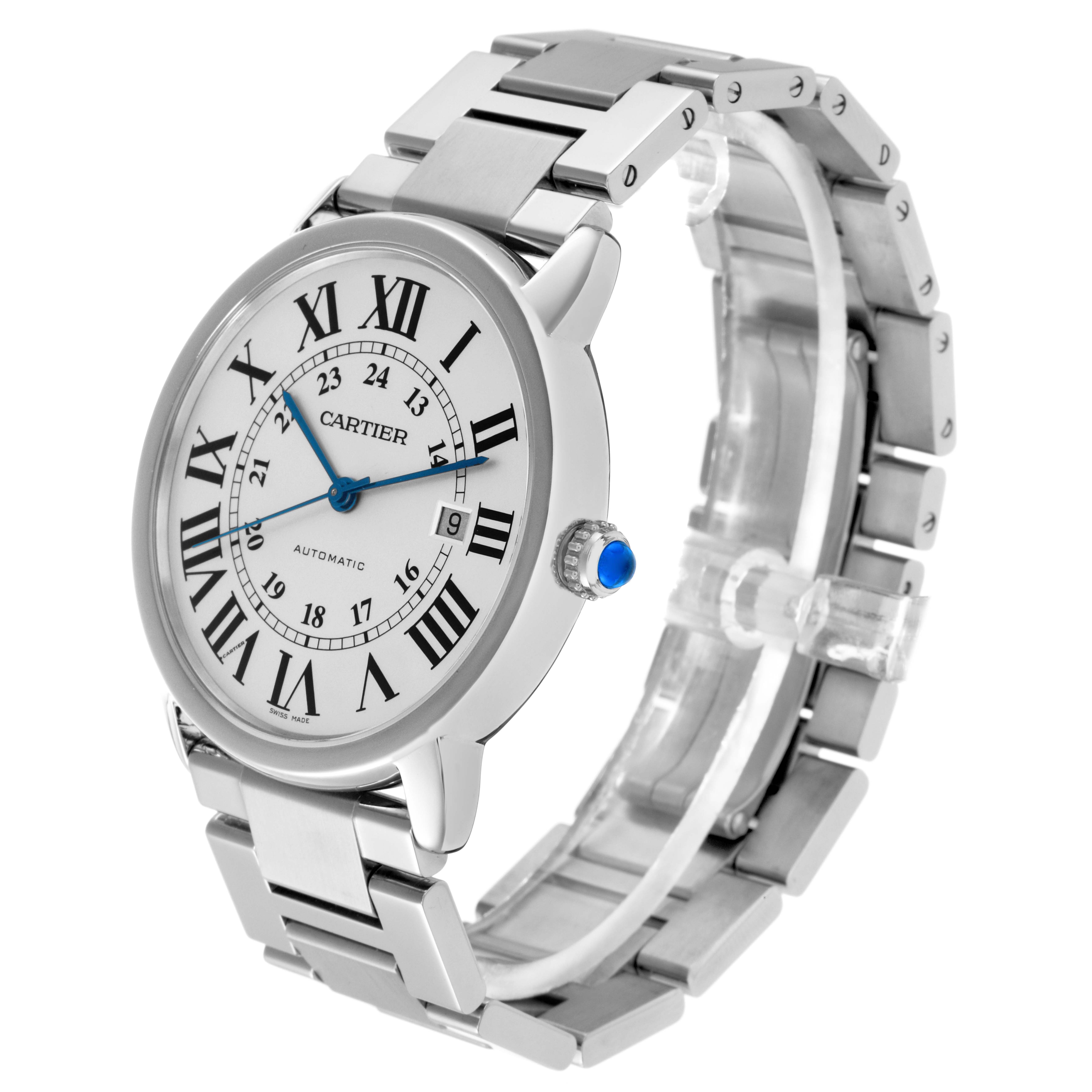 The Cartier Ronde W6701011 Men's Stainless Steel Silver Dial W6701011 Men's Stainless Steel Silver Dial watch is shown at a three-quarter angle, displaying the face, case, crown, and metal bracelet.