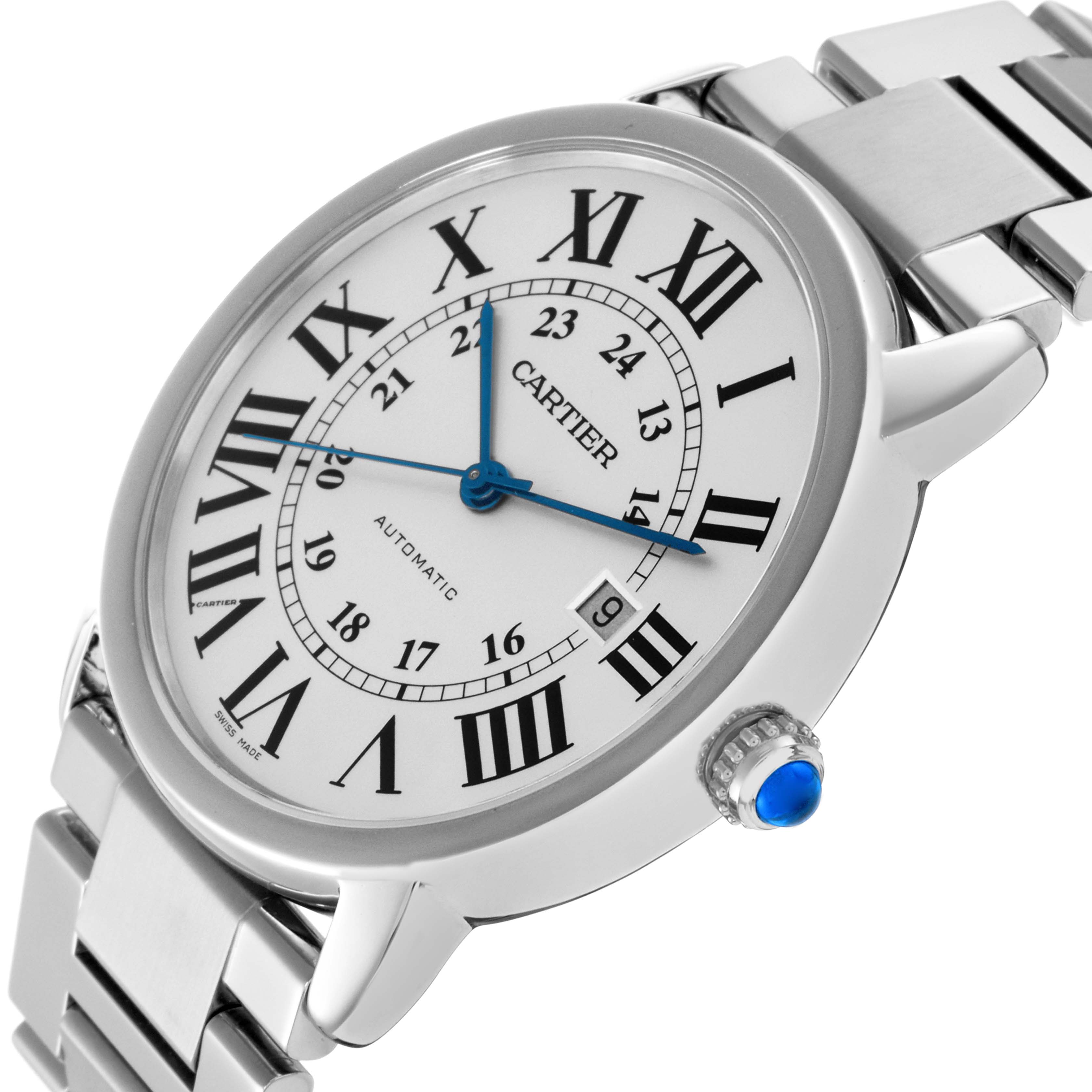 The Cartier Ronde W6701011 Men's Stainless Steel Silver Dial W6701011 Men's Stainless Steel Silver Dial watch is shown at a slight angle, highlighting the face, Roman numerals, bracelet, and blue crown.