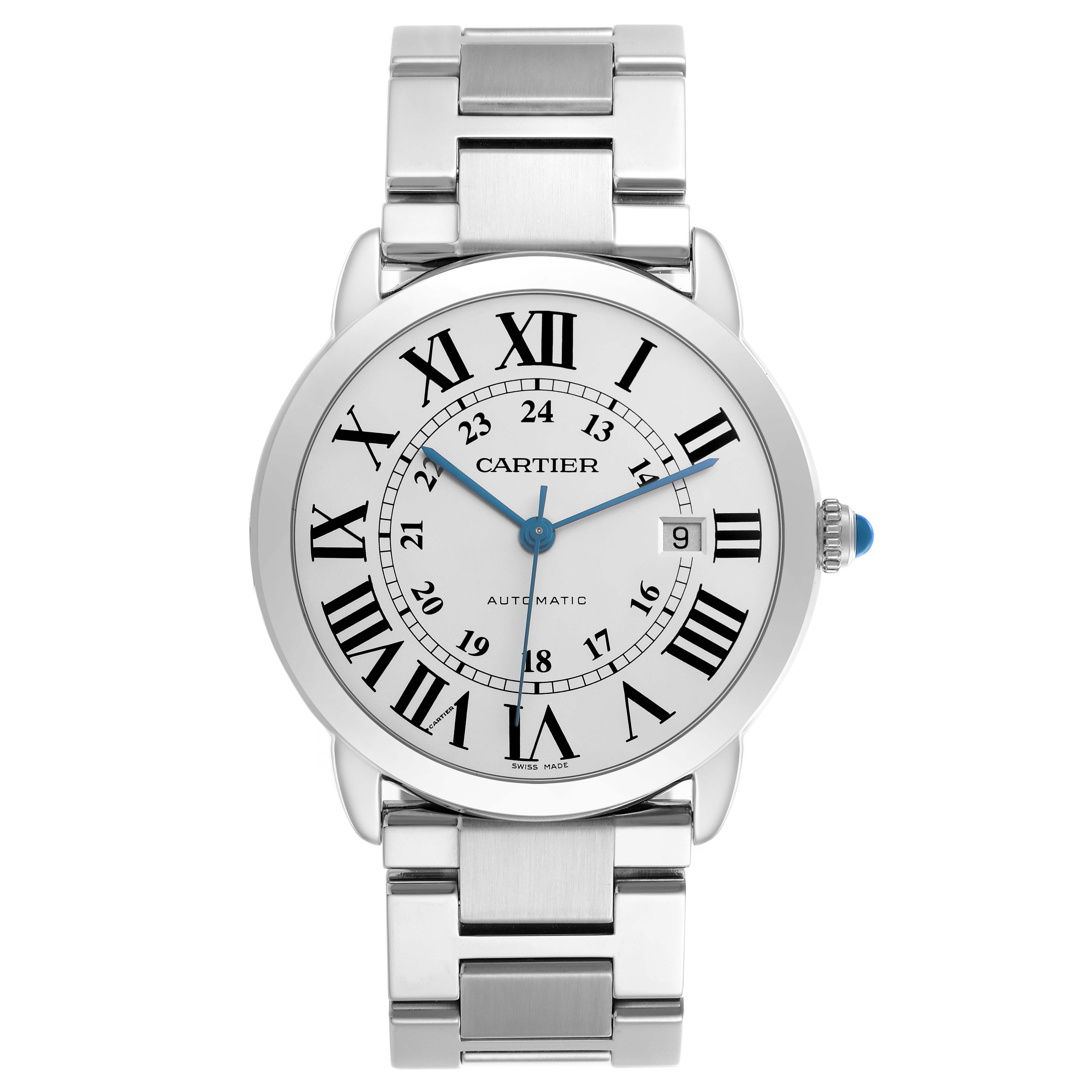 The Cartier Ronde W6701011 Men's Stainless Steel Silver Dial W6701011 Men's Stainless Steel Silver Dial watch is shown from the front, displaying the face, Roman numerals, date window, and metal bracelet.