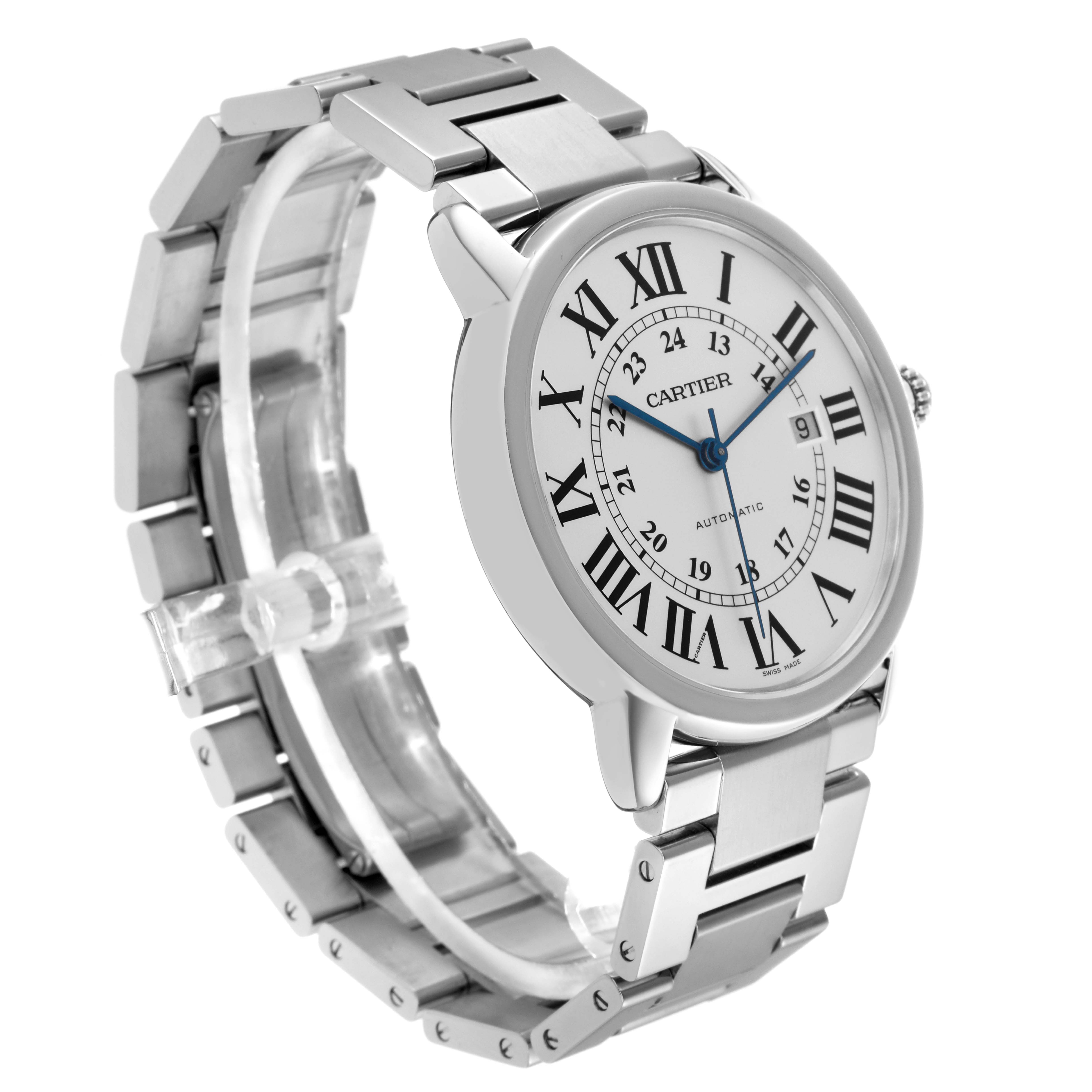 The Cartier Ronde W6701011 Men's Stainless Steel Silver Dial W6701011 Men's Stainless Steel Silver Dial model watch is shown at a slight side angle, highlighting the face, bracelet, and crown.