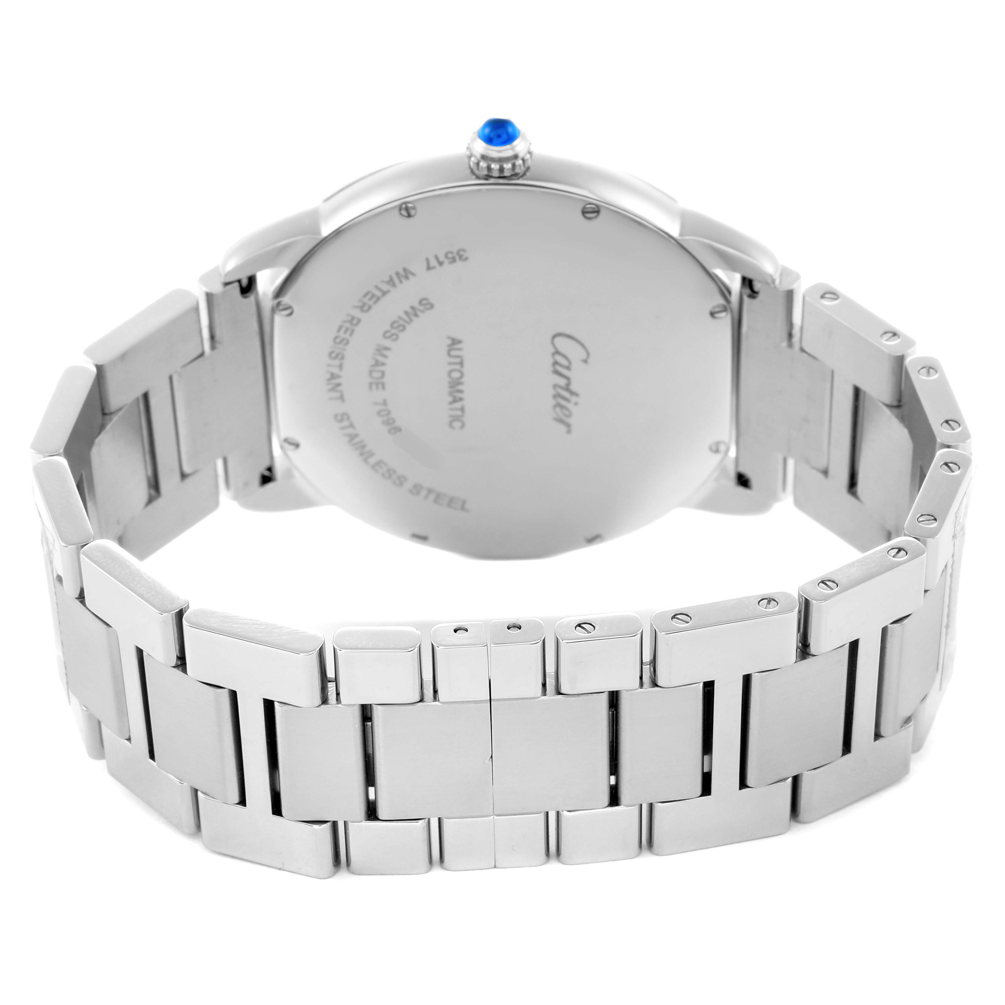 The image shows the back view of the Cartier Ronde W6701011 Men's Stainless Steel Silver Dial W6701011 Men's Stainless Steel Silver Dial watch, highlighting its stainless steel bracelet and case back.