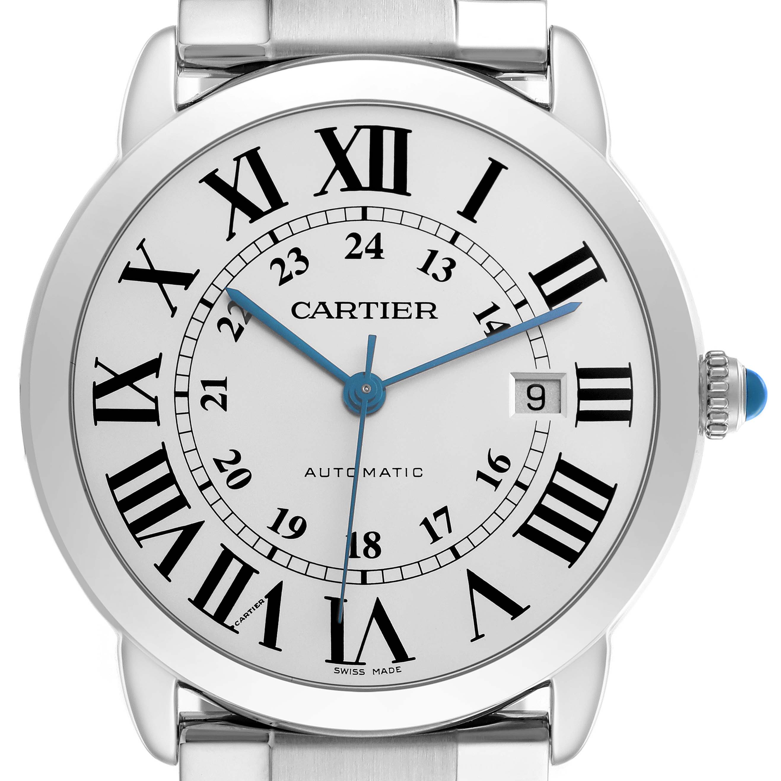 The Cartier Ronde W6701011 Men's Stainless Steel Silver Dial W6701011 Men's Stainless Steel Silver Dial watch is shown from the front, displaying its dial with Roman numerals and a date window.
