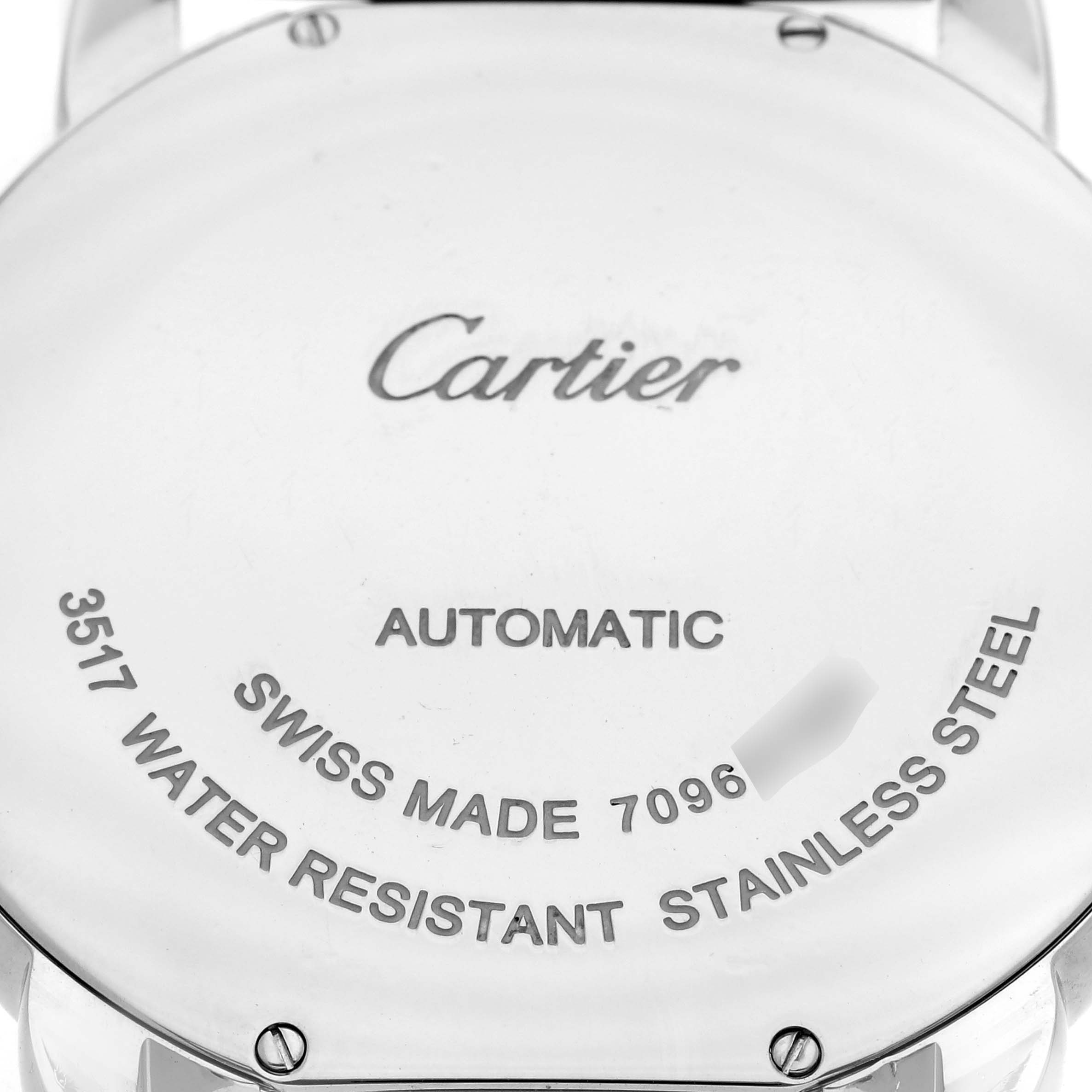 The image shows the back case of a Cartier Ronde W6701011 Men's Stainless Steel Silver Dial W6701011 Men's Stainless Steel Silver Dial watch, highlighting its stainless steel, water resistance, and automatic features.