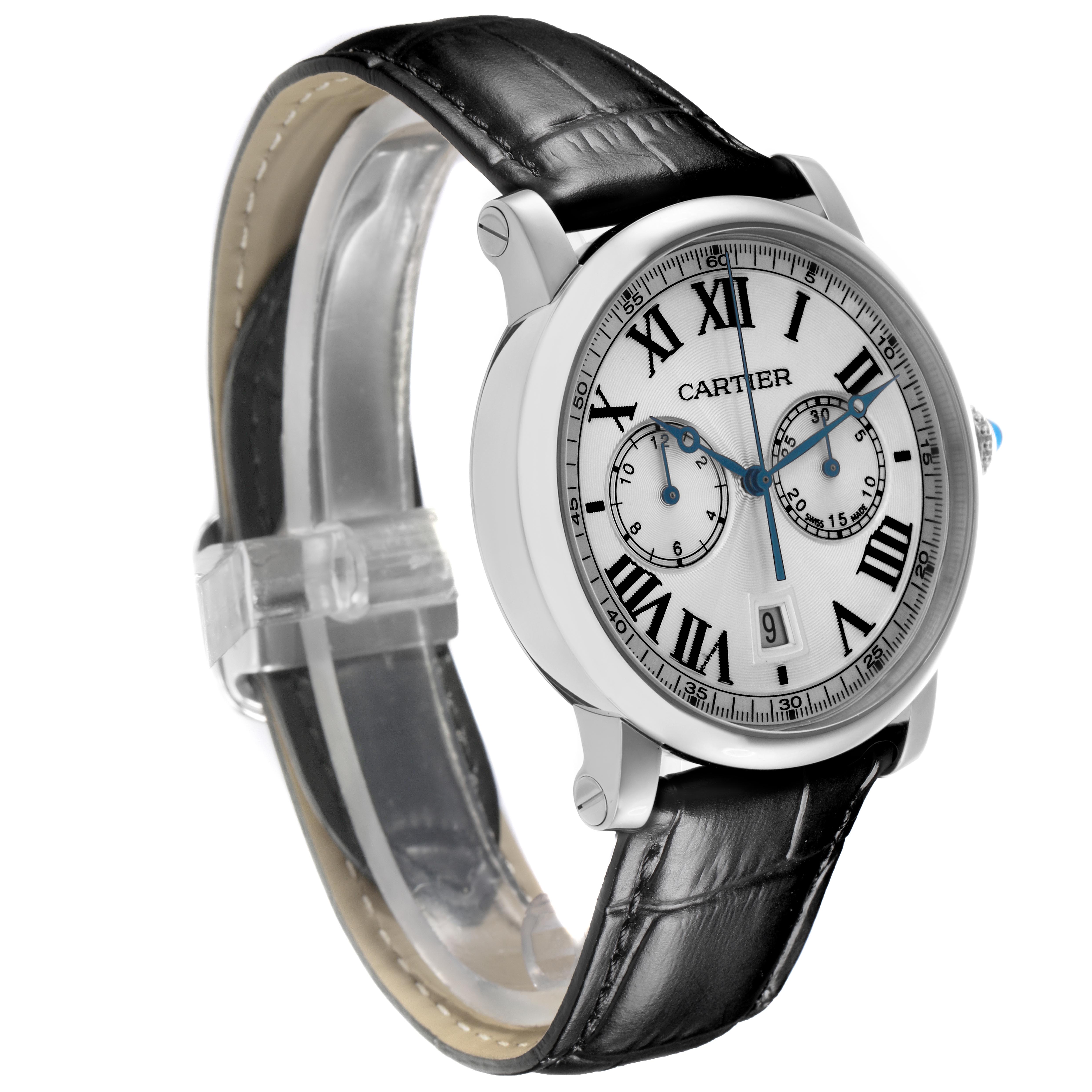 The Cartier Rotonde WSRO0002 Men
s Stainless Steel Silver Dial WSRO0002 Men
s Stainless Steel Silver Dial model watch is shown at an angled side view displaying its dial, leather strap, and crown.
