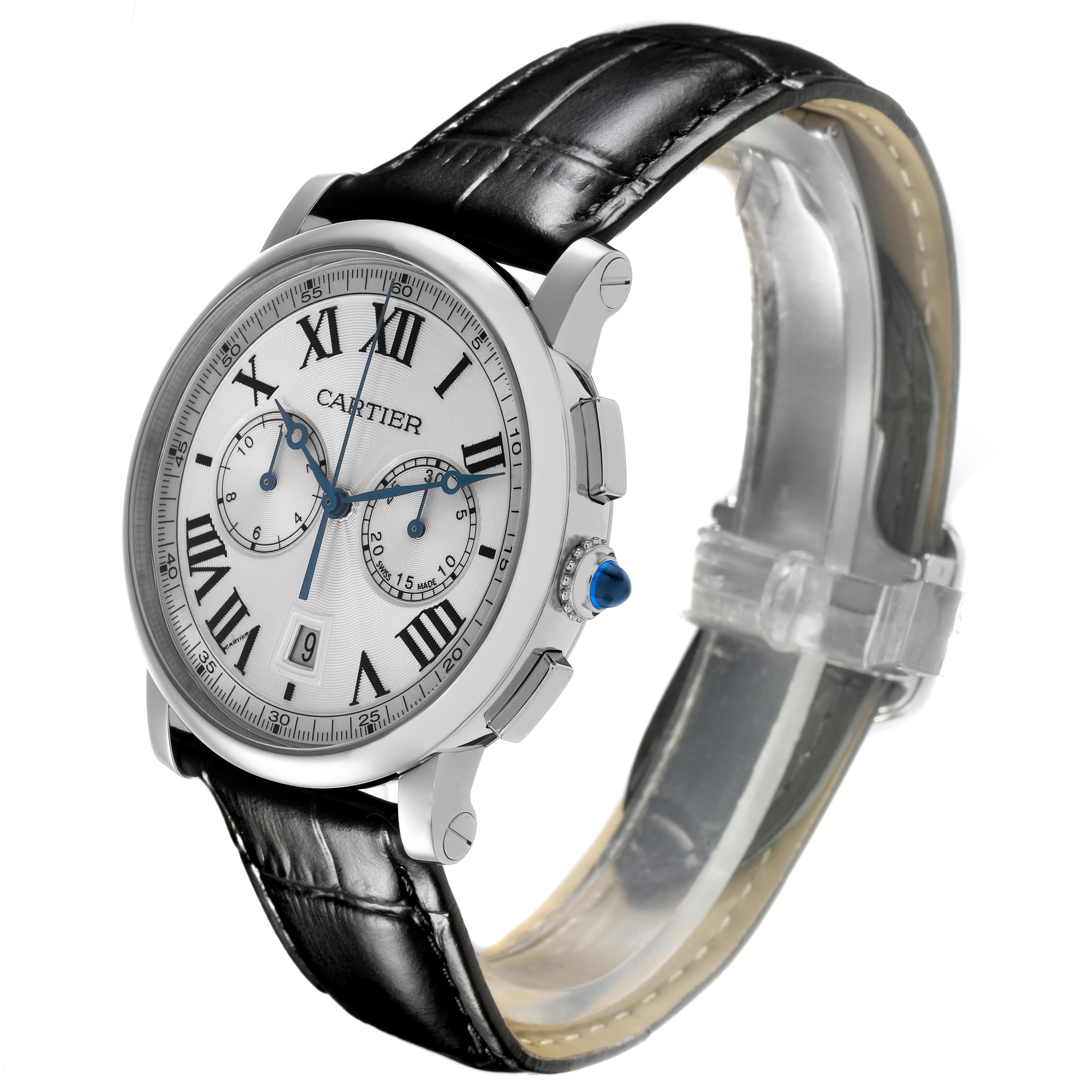 The Rotonde by Cartier is shown at a slight angle, highlighting the face, side buttons, and black leather strap.