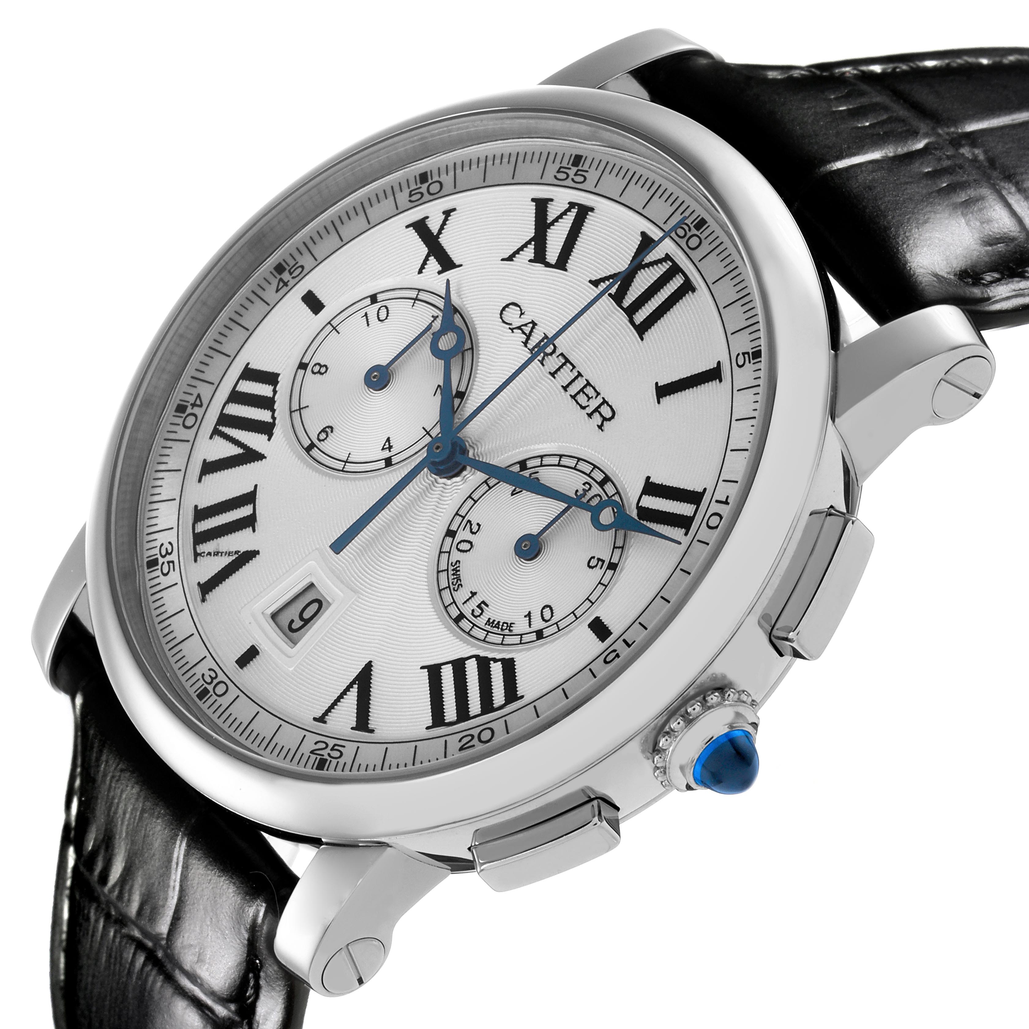 The Cartier Rotonde WSRO0002 Men
s Stainless Steel Silver Dial WSRO0002 Men
s Stainless Steel Silver Dial watch is shown from a top-side angle, highlighting the dial, side buttons, and crown with a blue cabochon.