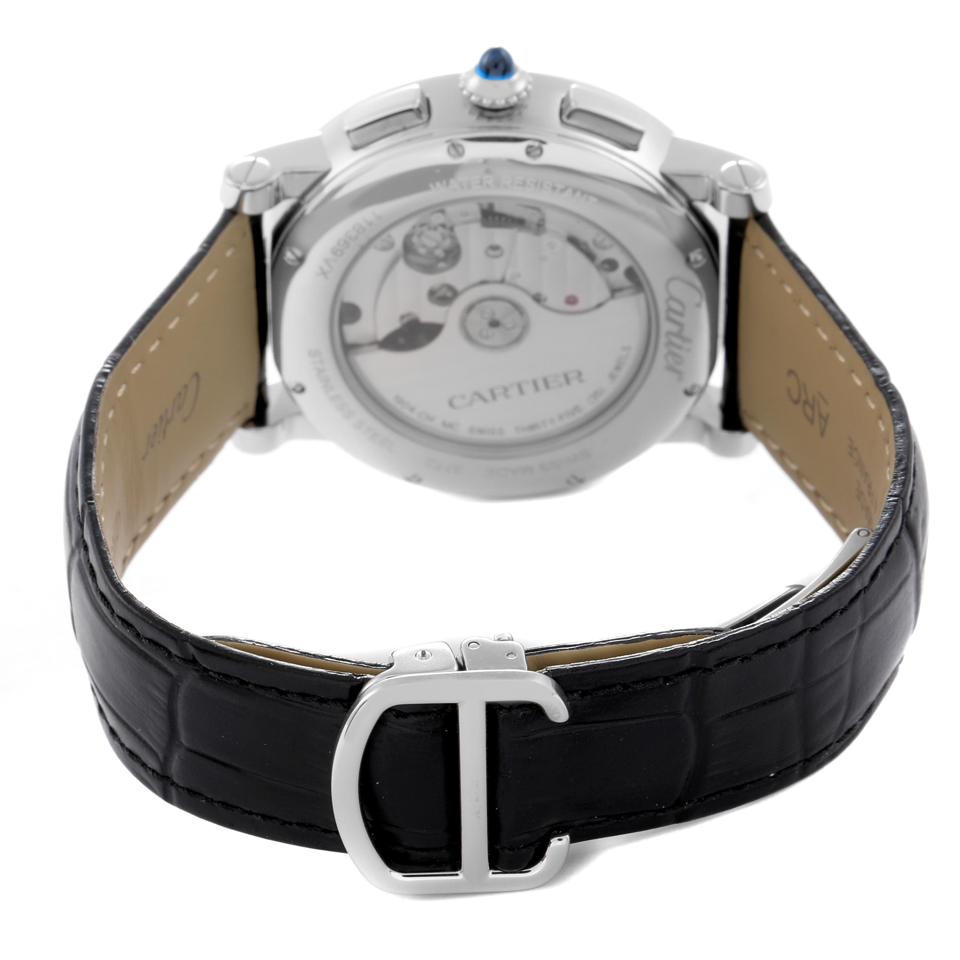 The image shows the back case and black leather strap of a Cartier Rotonde WSRO0002 Men
s Stainless Steel Silver Dial WSRO0002 Men
s Stainless Steel Silver Dial watch at a rear angle.