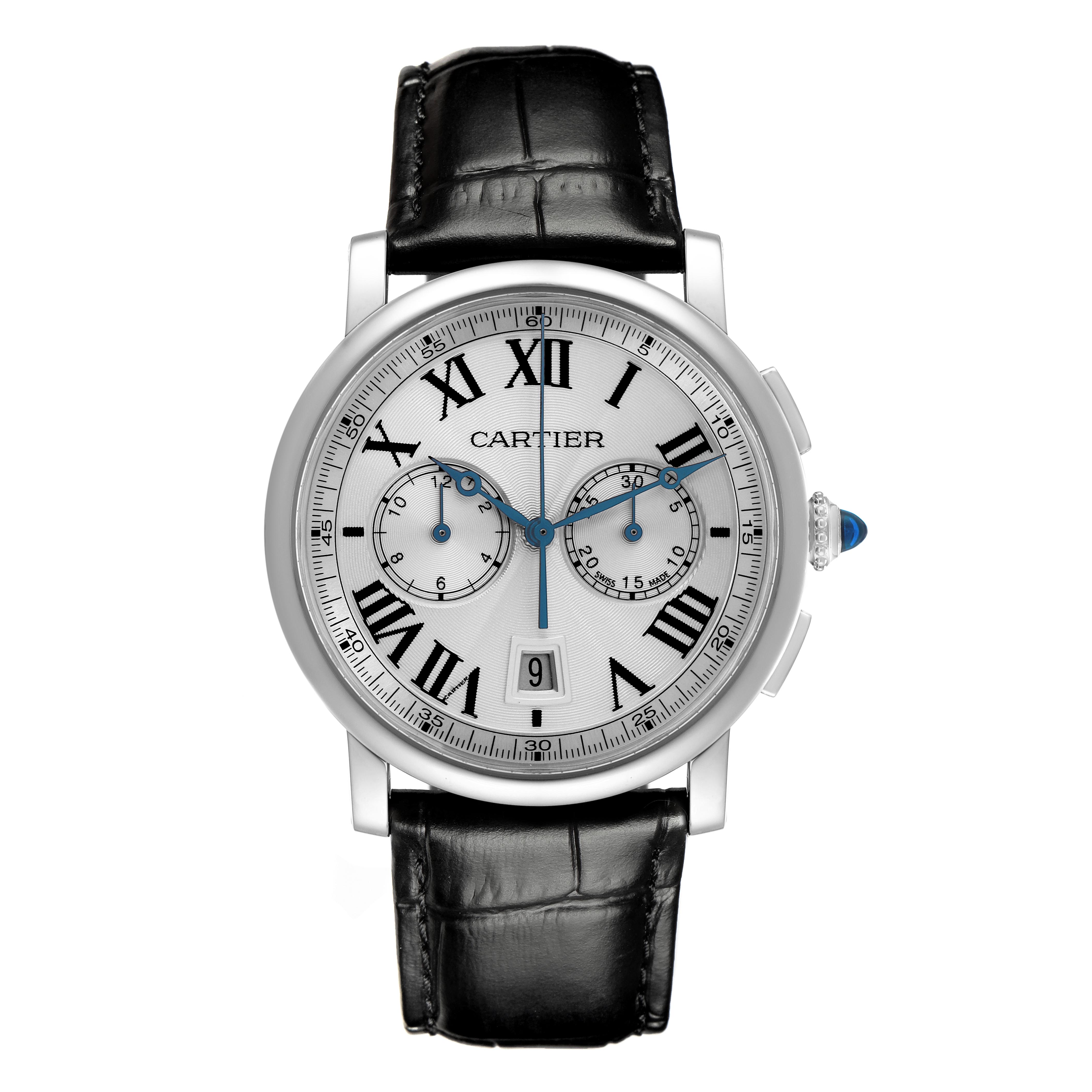 The Cartier Rotonde WSRO0002 Men
s Stainless Steel Silver Dial WSRO0002 Men
s Stainless Steel Silver Dial watch is shown from the front, displaying its round face, Roman numerals, subdials, and leather strap.