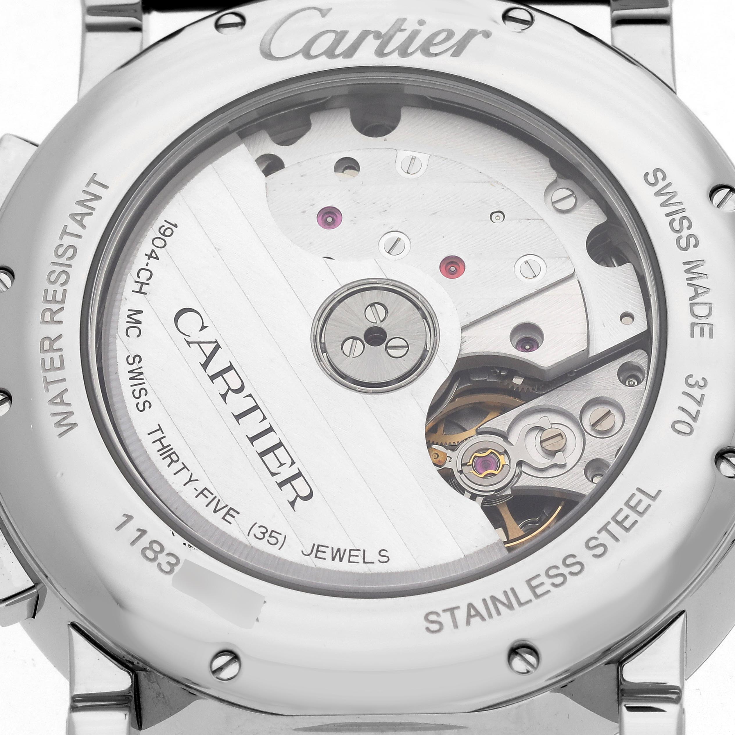 The image shows the back view of a Cartier Rotonde WSRO0002 Men
s Stainless Steel Silver Dial WSRO0002 Men
s Stainless Steel Silver Dial watch, highlighting its mechanical movement and internal components.