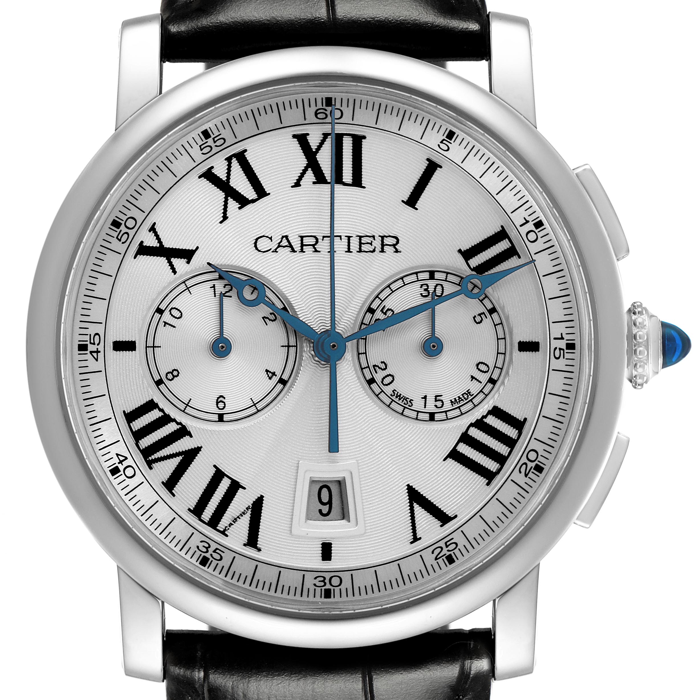 The Cartier Rotonde WSRO0002 Men
s Stainless Steel Silver Dial WSRO0002 Men
s Stainless Steel Silver Dial watch is shown from the front, displaying its dial, subdials, and date window.