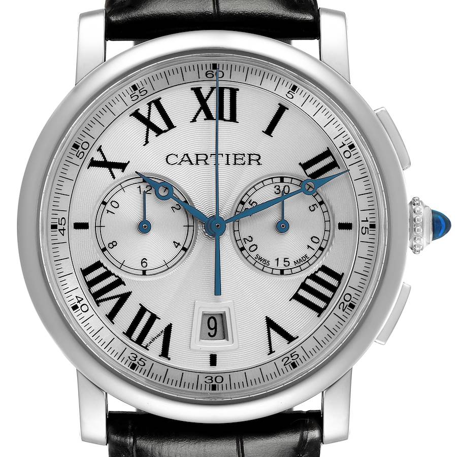 The Cartier Rotonde watch is shown from the front, displaying its dial, subdials, and date window.