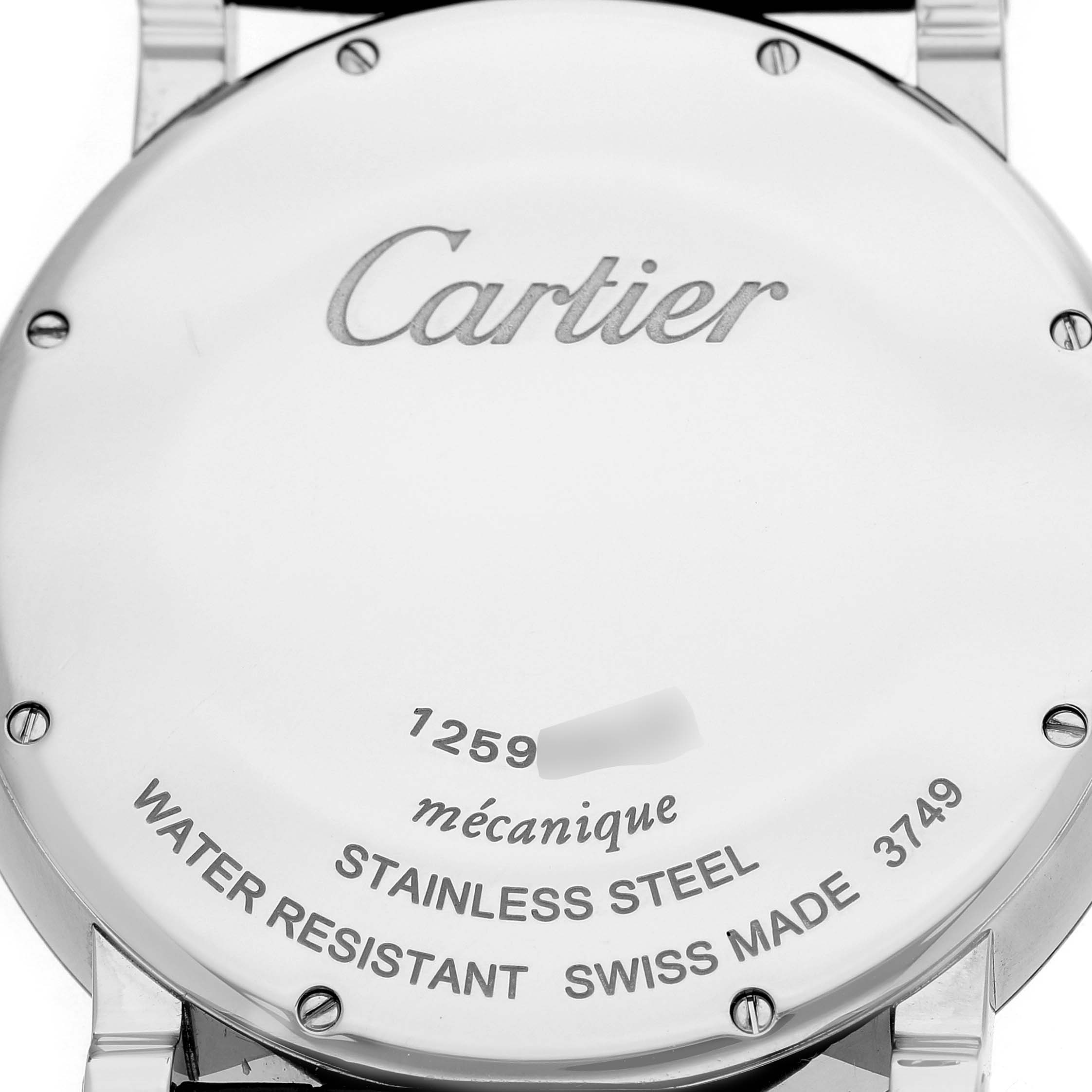 The image shows the back of a Cartier Rotonde W1556369 Men's Stainless Steel Silver Dial watch, highlighting the model details and branding.