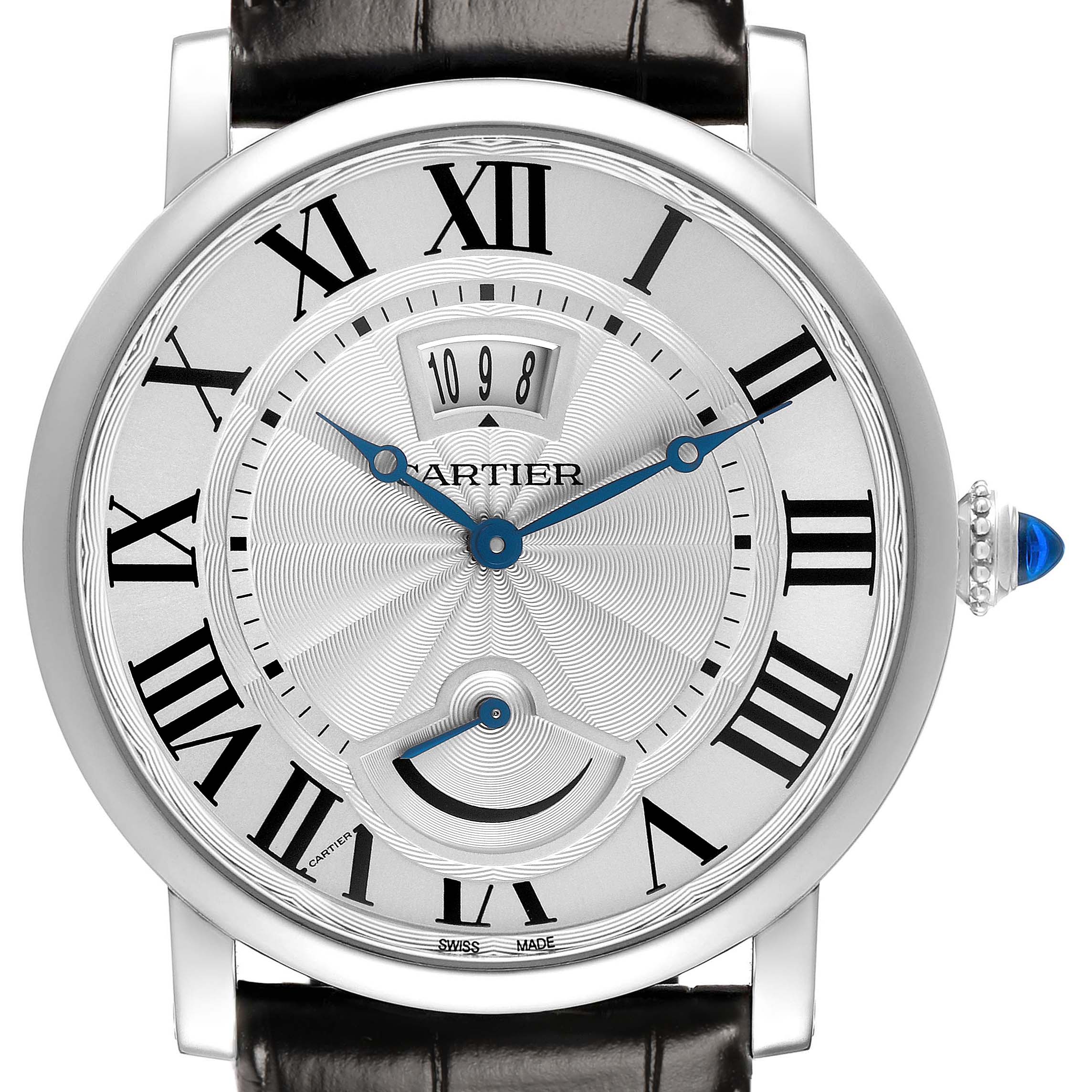 The Cartier Rotonde W1556369 Men's Stainless Steel Silver Dial watch is shown from the front, displaying the dial with Roman numerals, a date window, and blue hands.