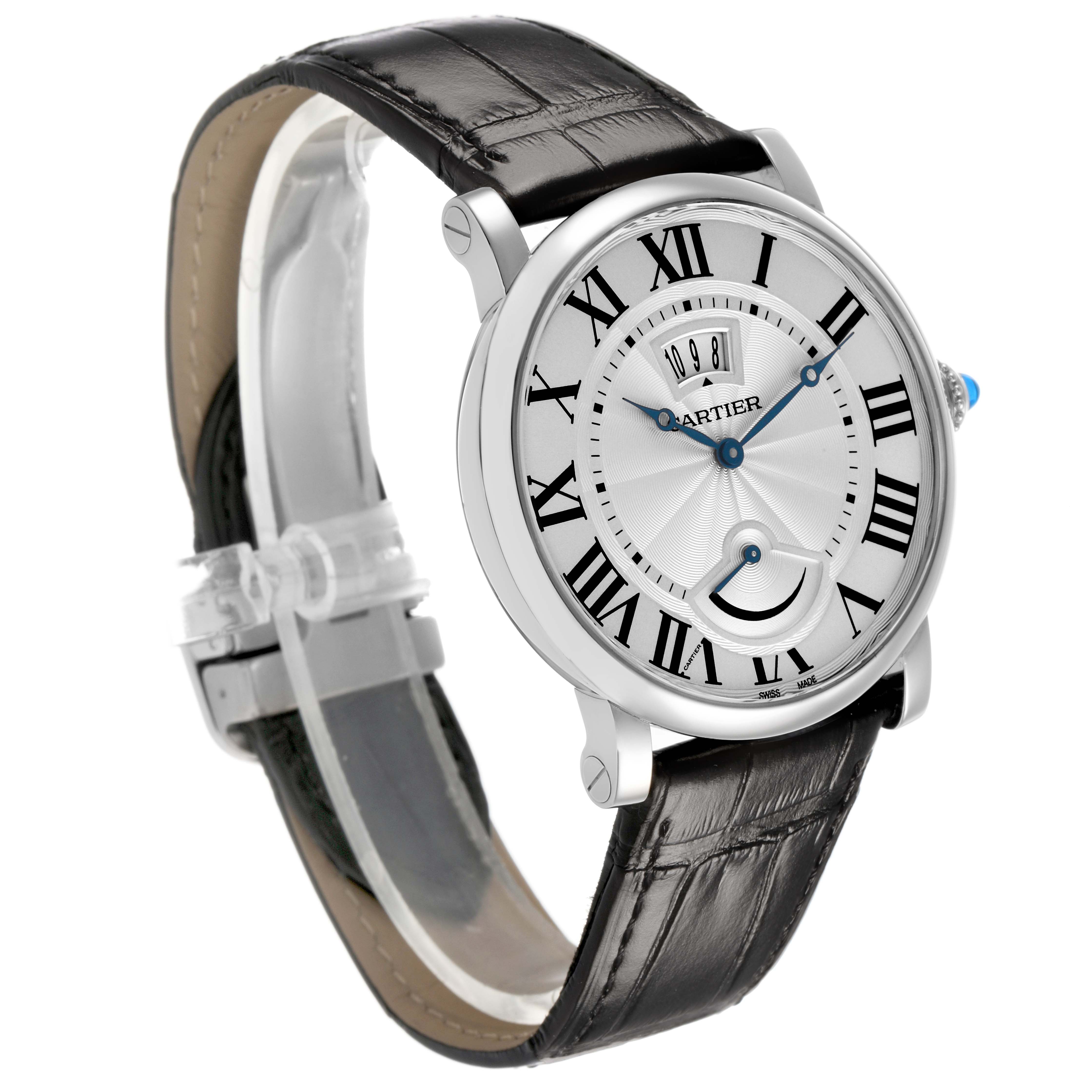The Cartier Rotonde W1556369 Men's Stainless Steel Silver Dial watch is shown at a three-quarter angle, highlighting the face, Roman numerals, hands, and leather strap.