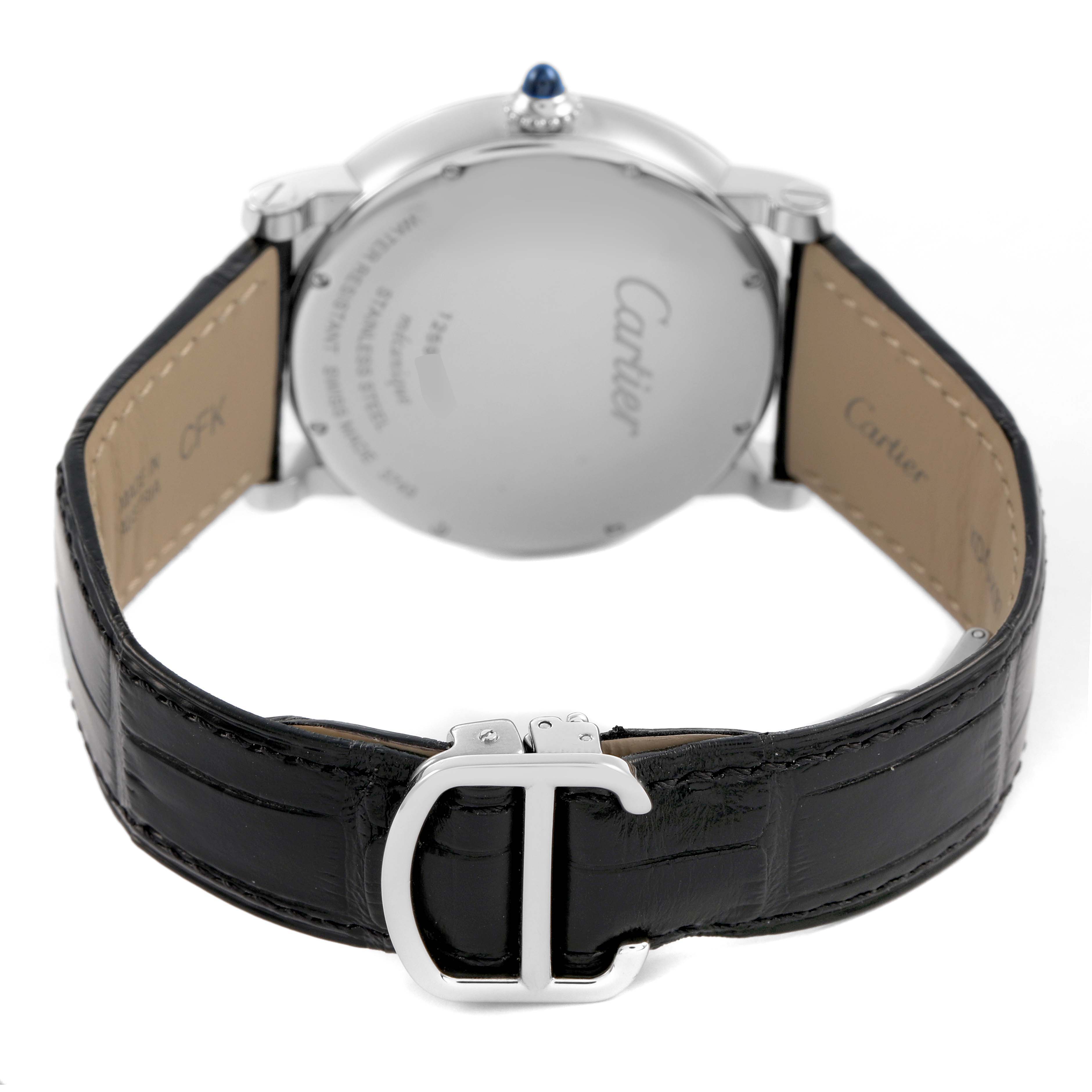 The image shows the back of a Cartier Rotonde W1556369 Men's Stainless Steel Silver Dial watch, highlighting the case, strap, and clasp.