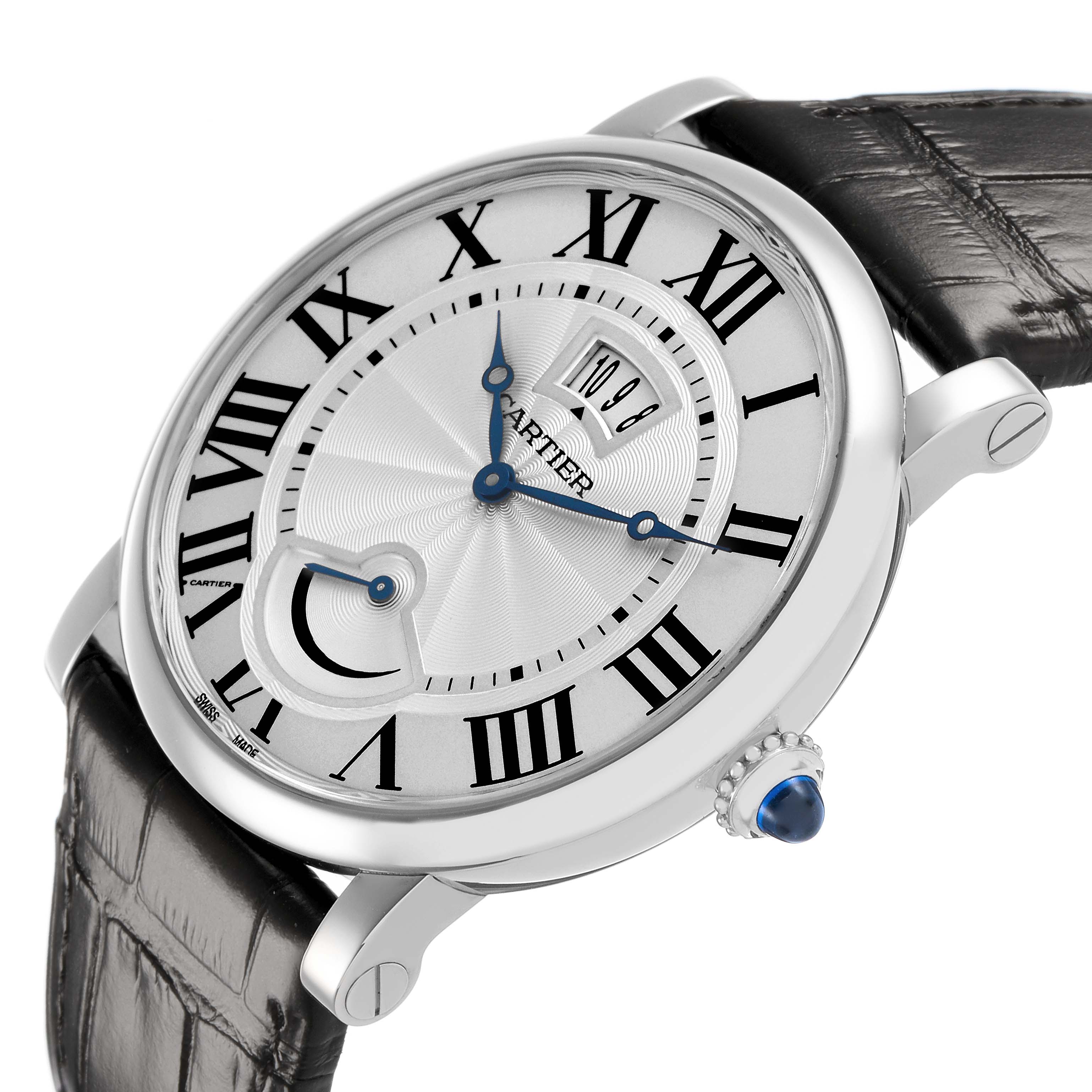 The Cartier Rotonde W1556369 Men's Stainless Steel Silver Dial watch is shown at a slight angle, highlighting the dial, Roman numerals, blue hands, and crown with a blue cabochon.