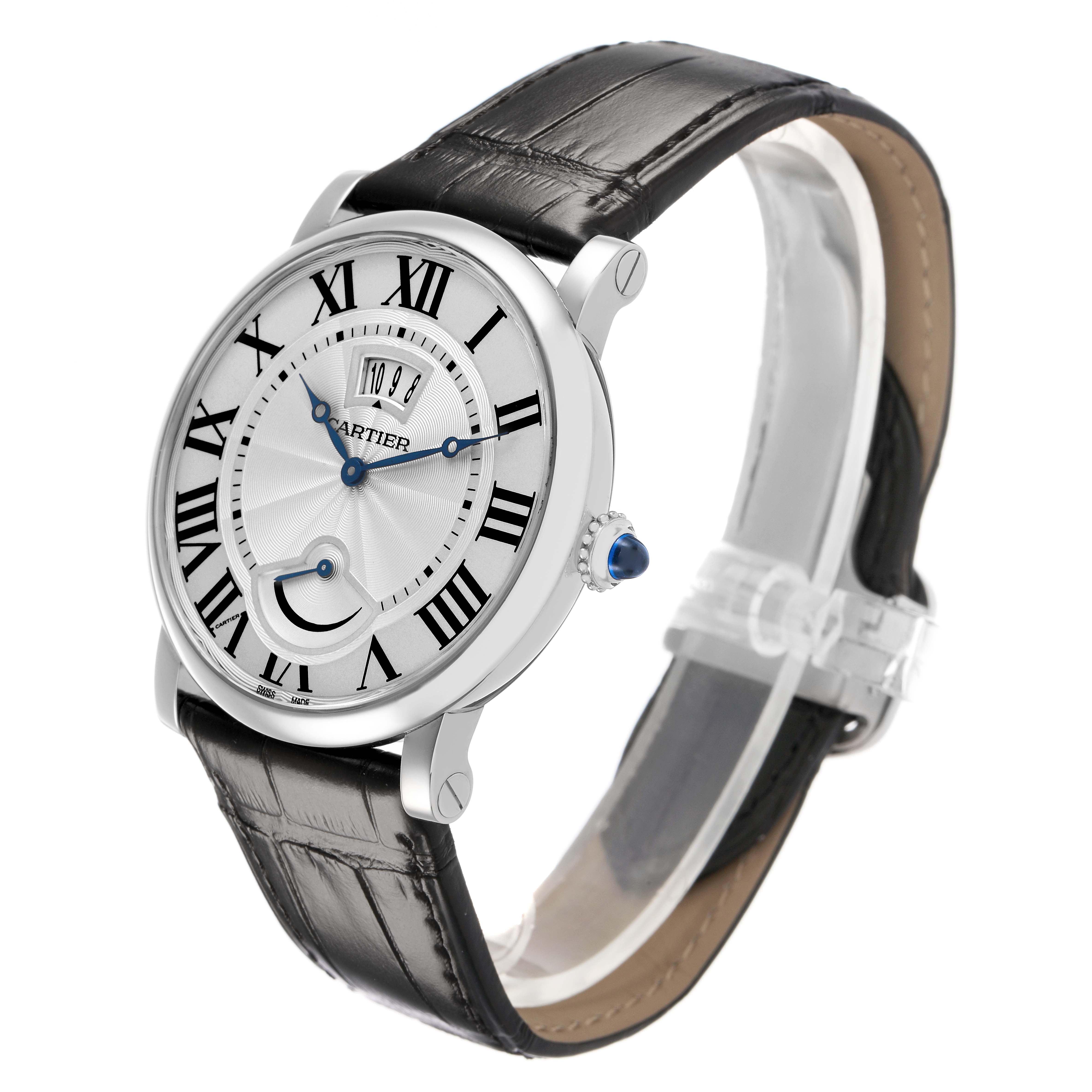 The image shows a Rotonde de Cartier watch at a three-quarter angle, highlighting its dial, Roman numerals, and leather strap.