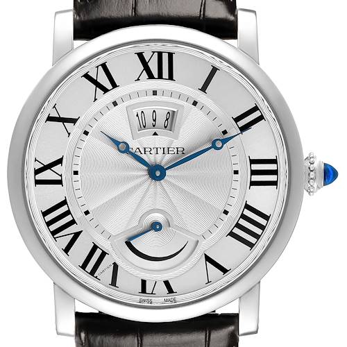 The image shows a front view of the Cartier Rotonde W1556369 Men's Stainless Steel Silver Dial model, featuring Roman numerals and blue hands.