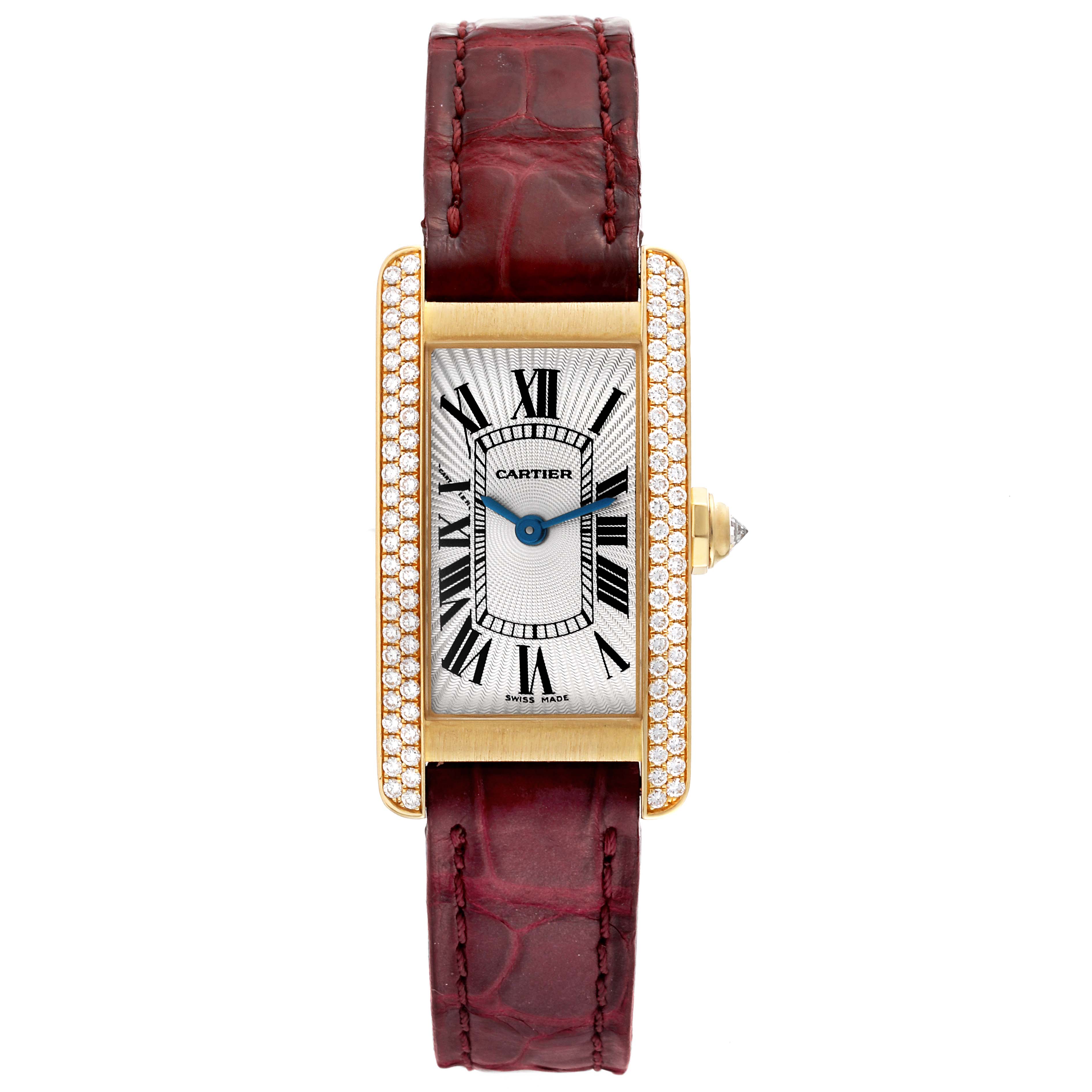 The Cartier Tank Americaine WB701251 Women's Yellow Gold Silver Dial WB701251 Women's Yellow Gold Silver Dial watch is shown from the front, displaying its face, strap, and diamond-set bezel.