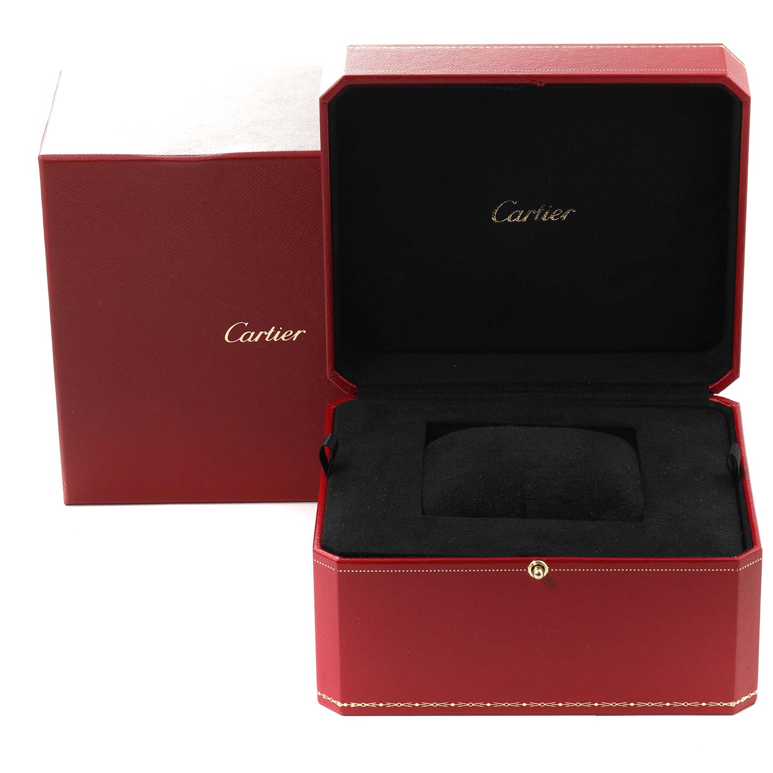 The image shows a Cartier Tank Americaine WB701251 Women's Yellow Gold Silver Dial WB701251 Women's Yellow Gold Silver Dial watch box open, displaying its interior cushion and the Cartier logo.