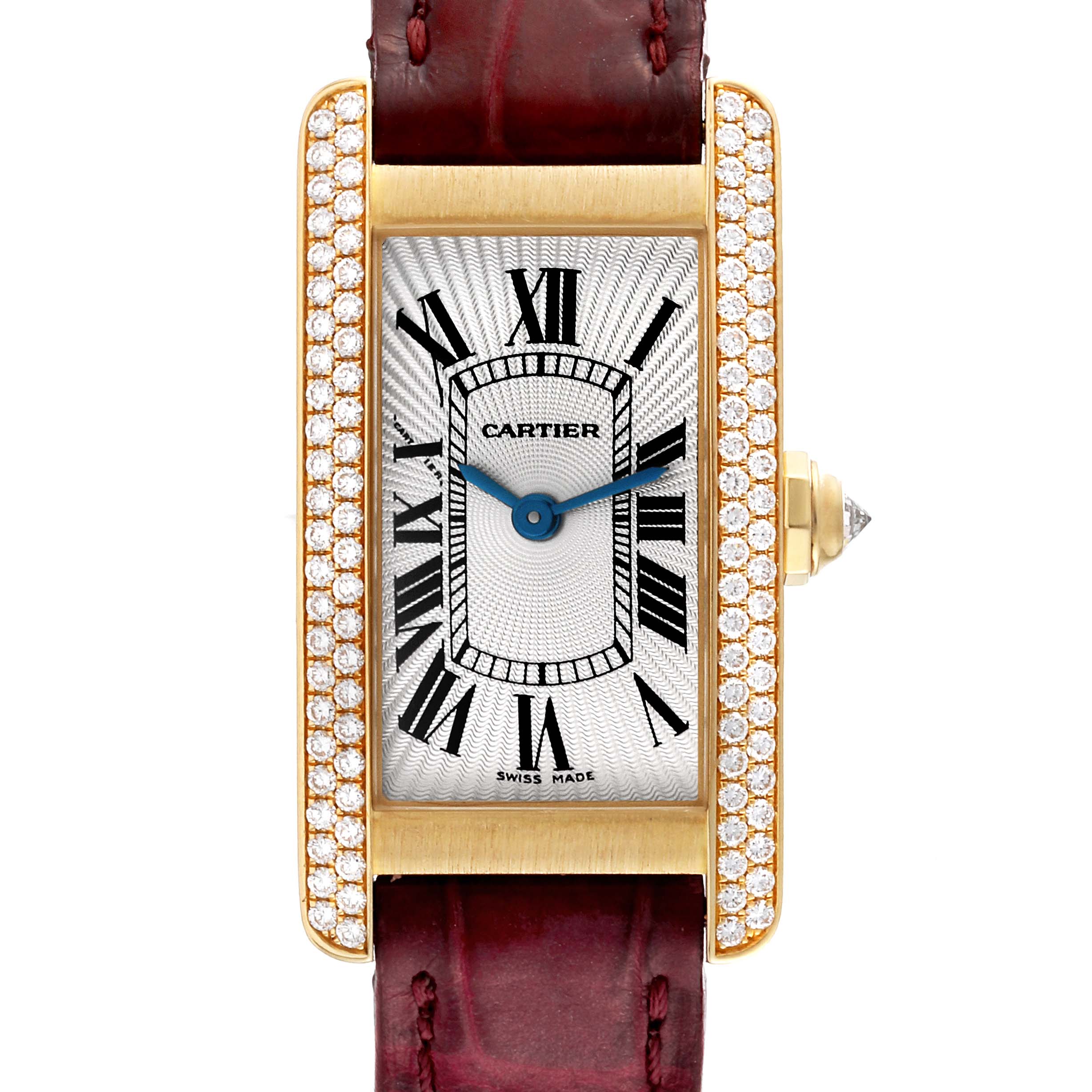 The image shows a Cartier Tank Américaine watch, displaying its rectangular face, Roman numeral dial, and diamond-set bezel.