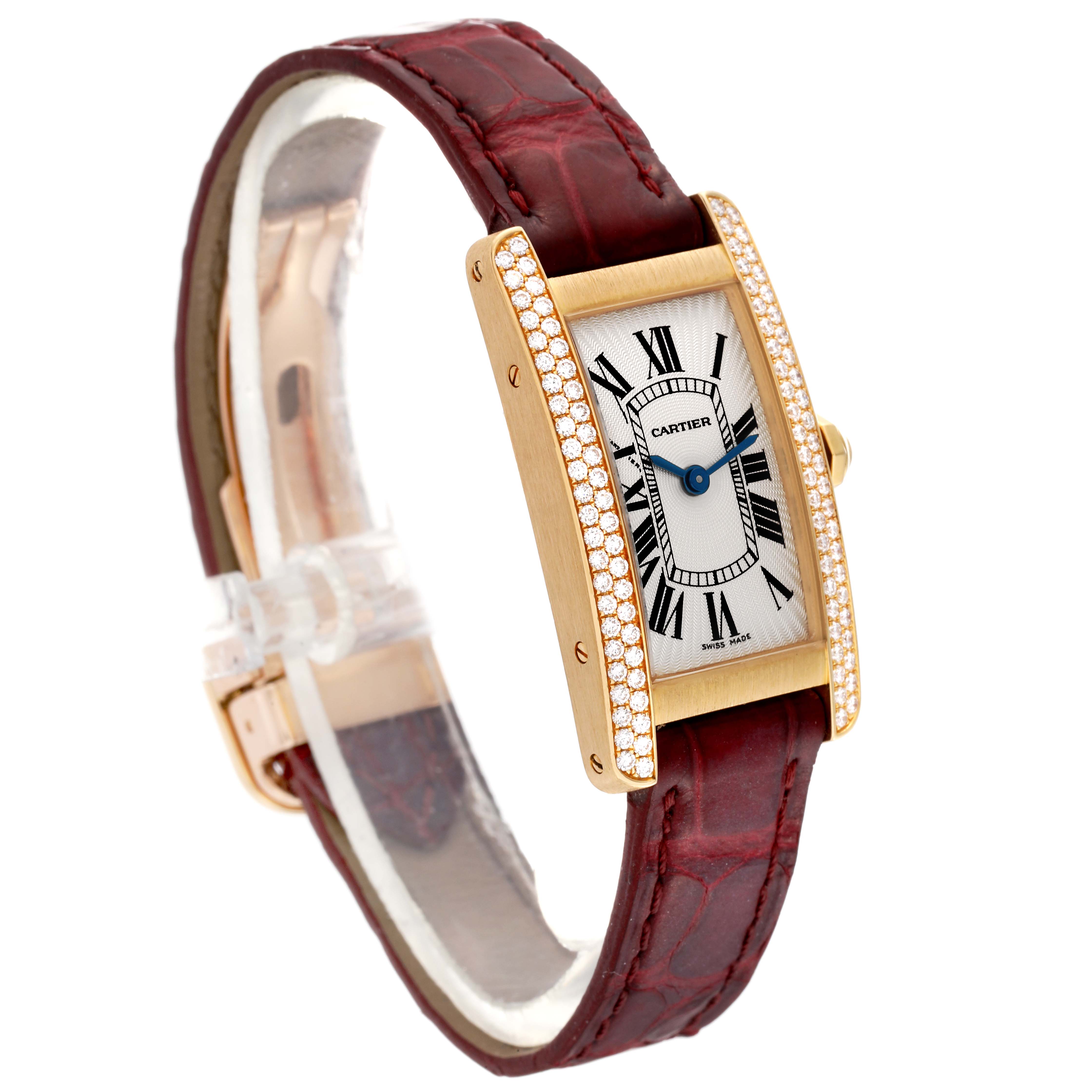 This Tank Americaine model by Cartier is shown from a three-quarter angle, highlighting the face, bezel, and strap.