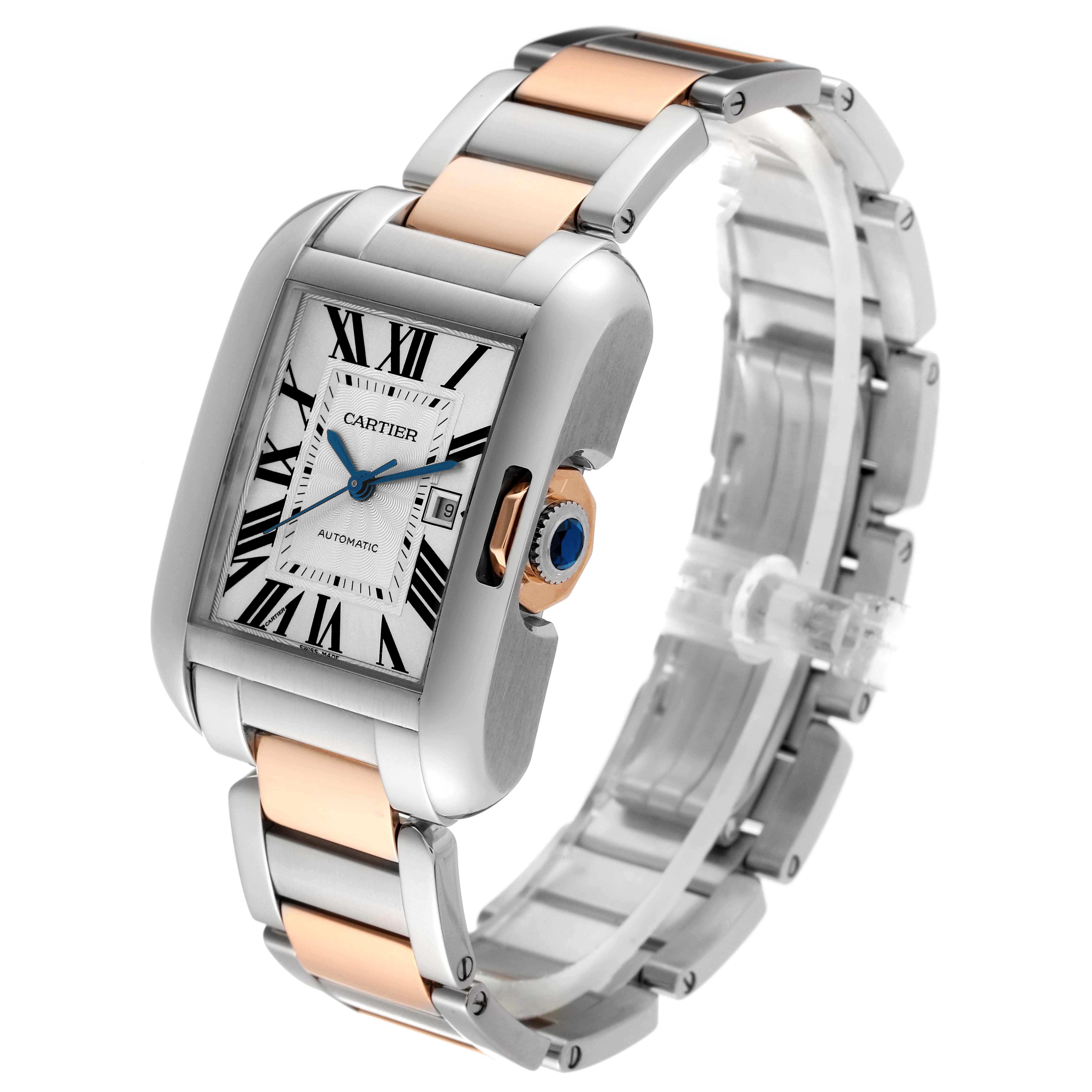 The Cartier Tank Anglaise W5310037 Men's Steel and Gold (two tone) Silver Dial W5310037 Men's Steel and Gold (two tone) Silver Dial watch is shown at a three-quarter angle, displaying its rectangular face, bracelet, and crown.
