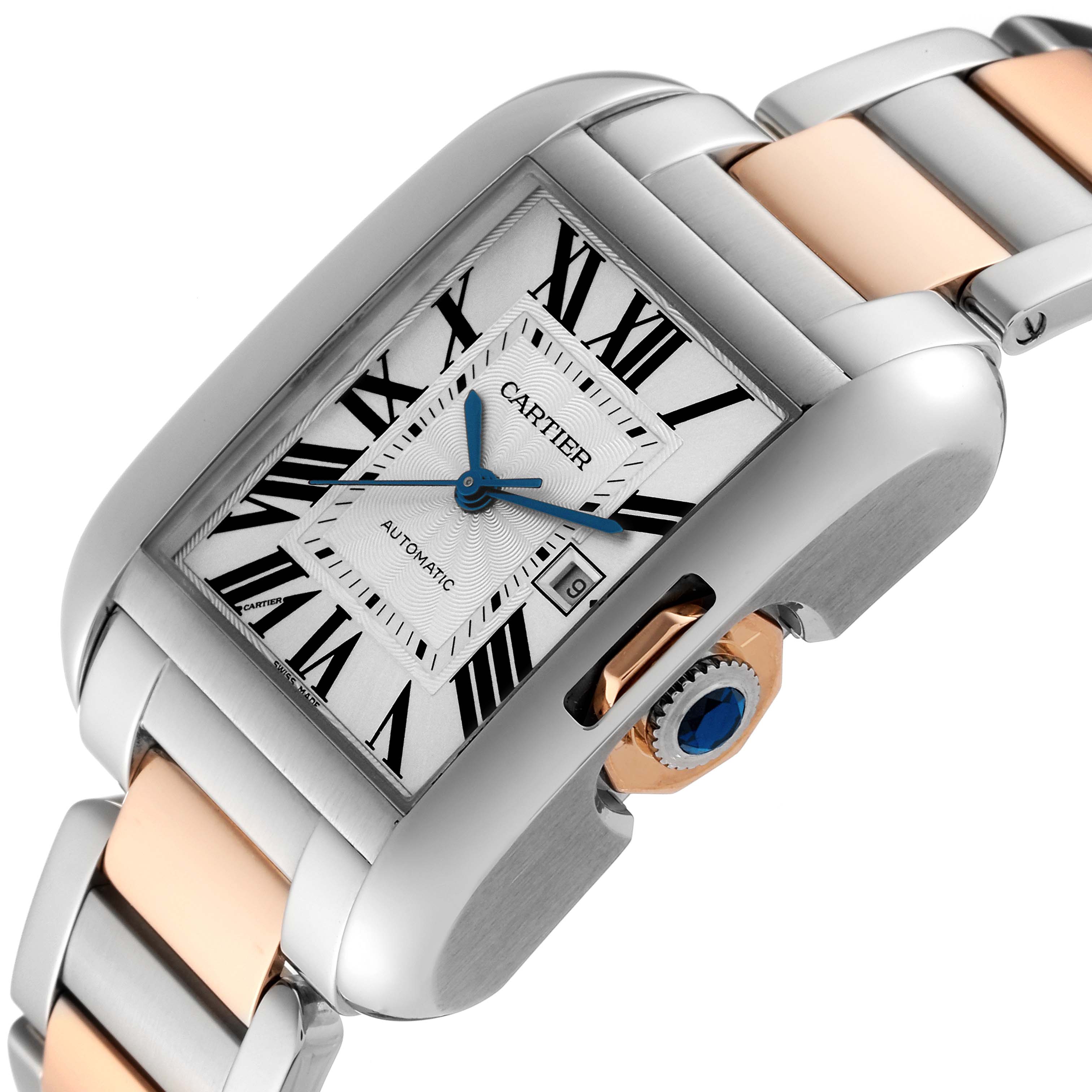 This is a close-up angle of the Cartier Tank Anglaise W5310037 Men's Steel and Gold (two tone) Silver Dial W5310037 Men's Steel and Gold (two tone) Silver Dial watch, showing its face, bezel, crown, and part of the bracelet.
