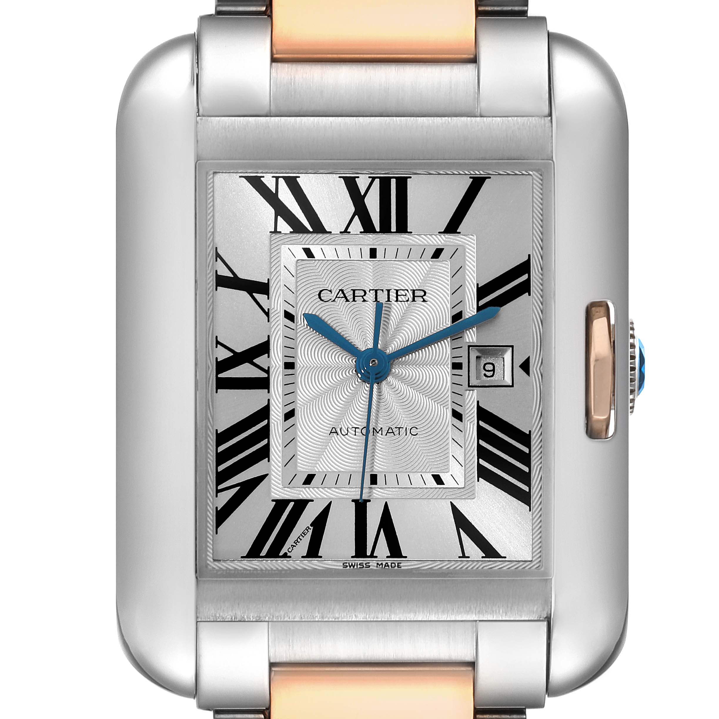 This image shows a close-up of the dial and part of the band of the Cartier Tank Anglaise W5310037 Men's Steel and Gold (two tone) Silver Dial W5310037 Men's Steel and Gold (two tone) Silver Dial watch, featuring the date window and blue hands.