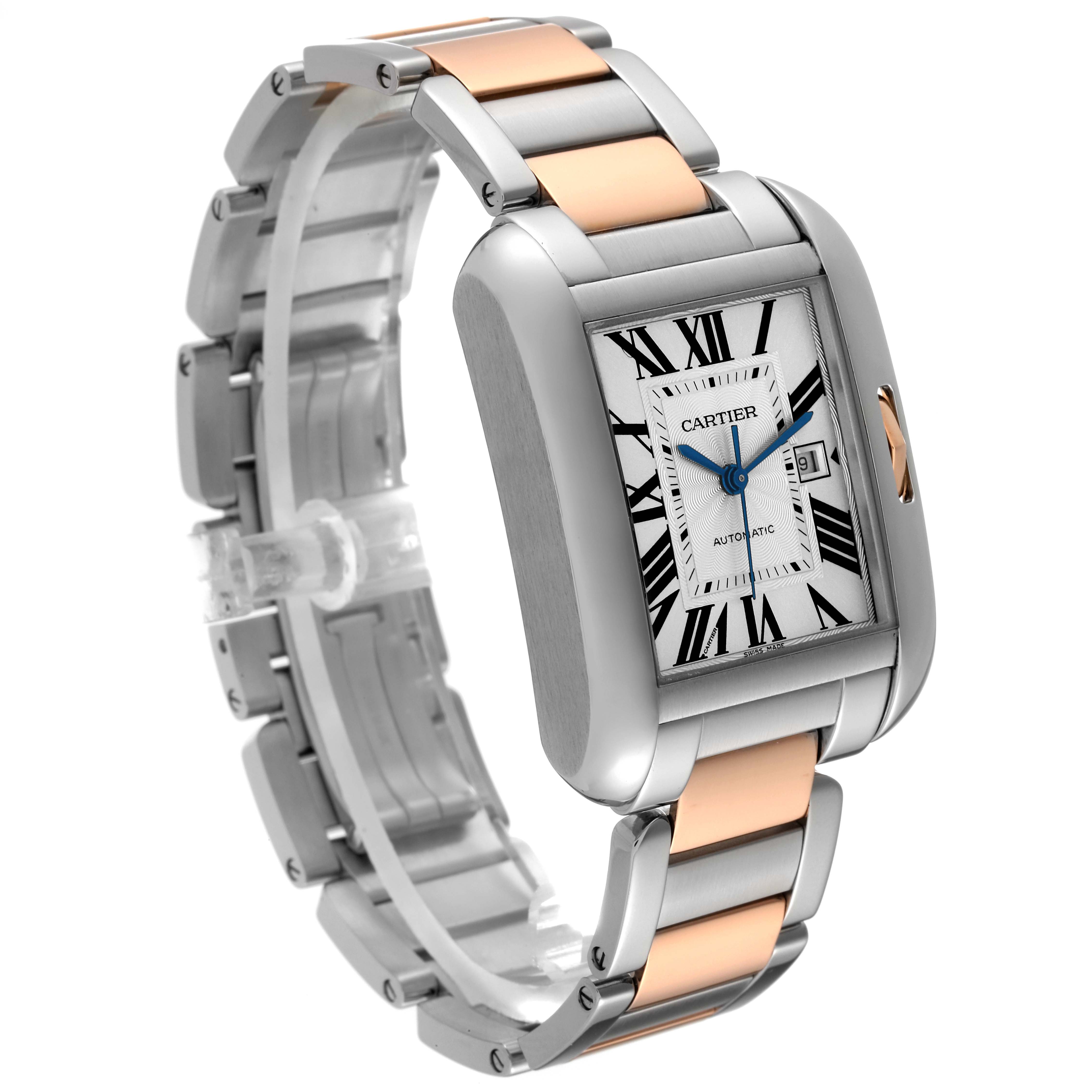 The Cartier Tank Anglaise W5310037 Men's Steel and Gold (two tone) Silver Dial W5310037 Men's Steel and Gold (two tone) Silver Dial watch is shown at an angled view, highlighting the face, dial, and metal bracelet.