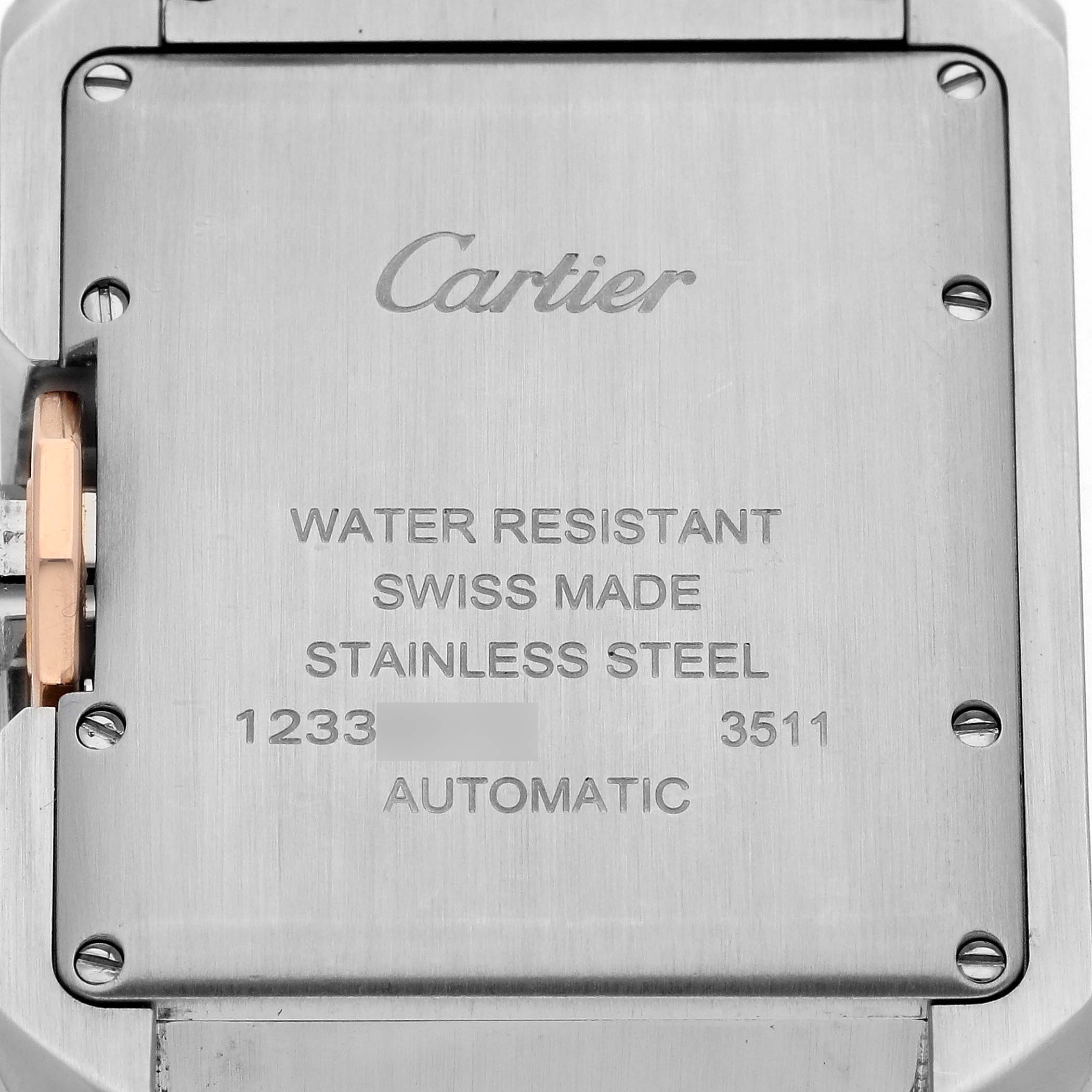 This image shows the back case of a Cartier Tank Anglaise W5310037 Men's Steel and Gold (two tone) Silver Dial W5310037 Men's Steel and Gold (two tone) Silver Dial model watch, with engraving and specifications visible.