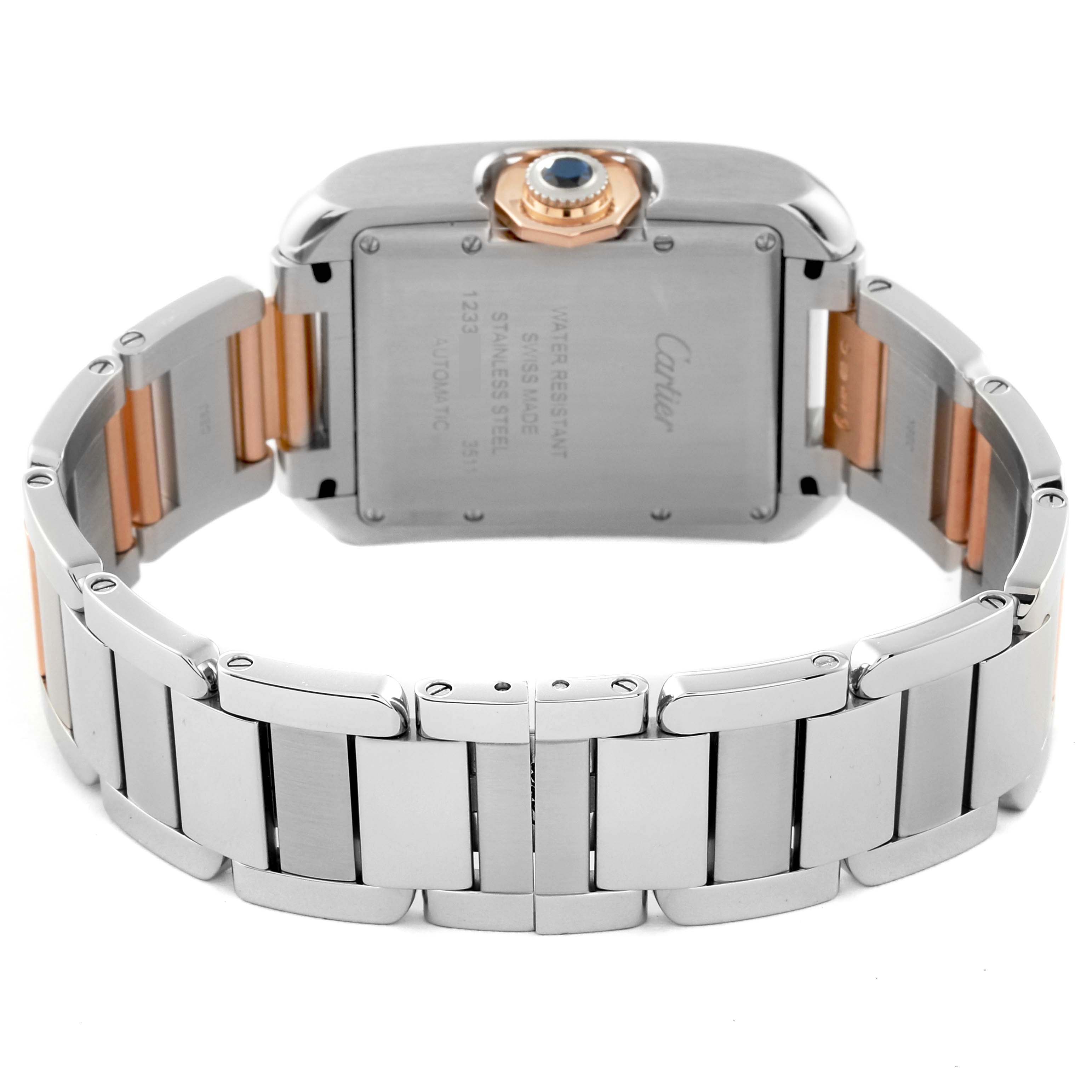 The photo shows the back view of a Cartier Tank Anglaise W5310037 Men's Steel and Gold (two tone) Silver Dial W5310037 Men's Steel and Gold (two tone) Silver Dial watch, highlighting the case back, crown, and metal bracelet.