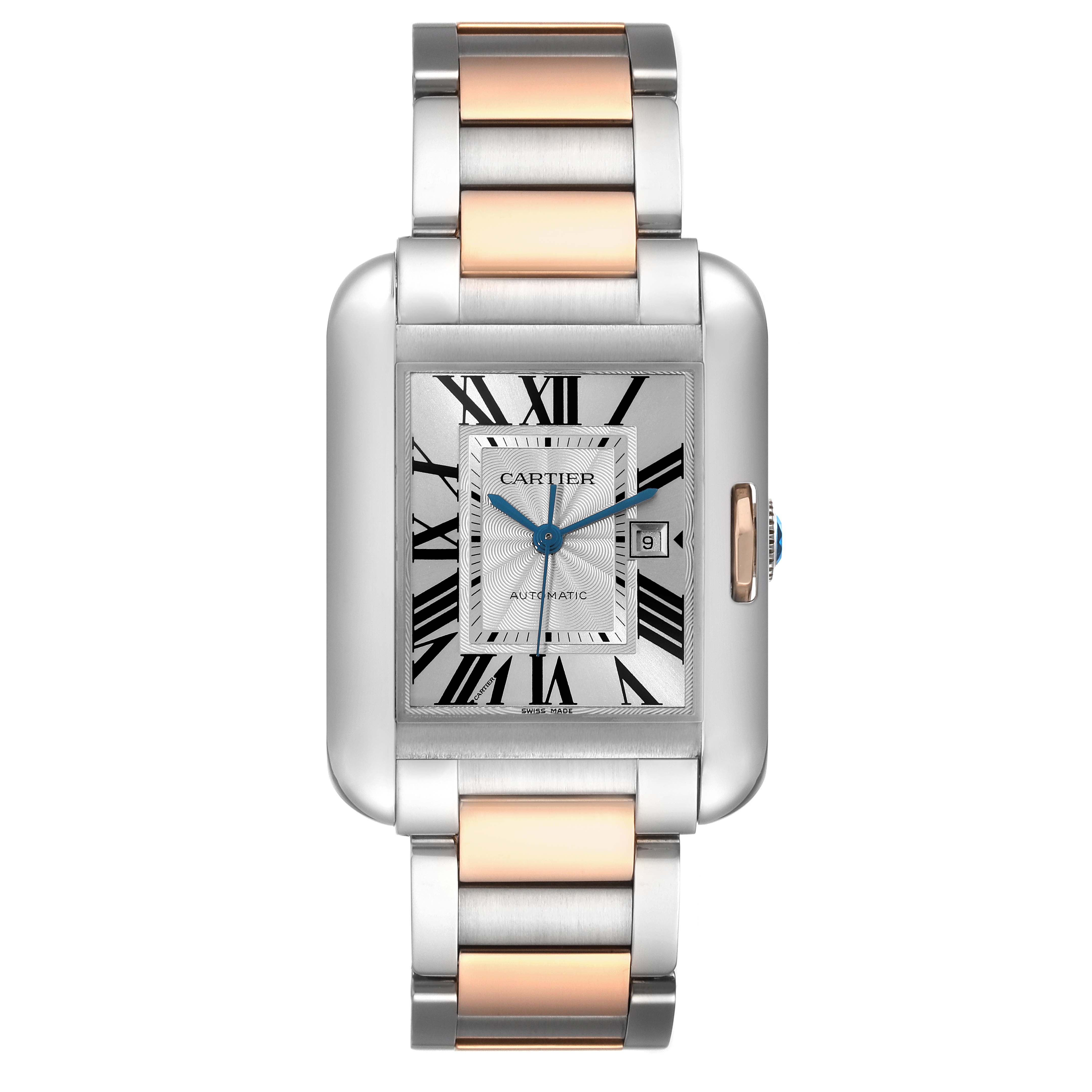 The Cartier Tank Anglaise W5310037 Men's Steel and Gold (two tone) Silver Dial W5310037 Men's Steel and Gold (two tone) Silver Dial watch is shown from a front angle, displaying the face, case, and bracelet in rose gold and stainless steel.