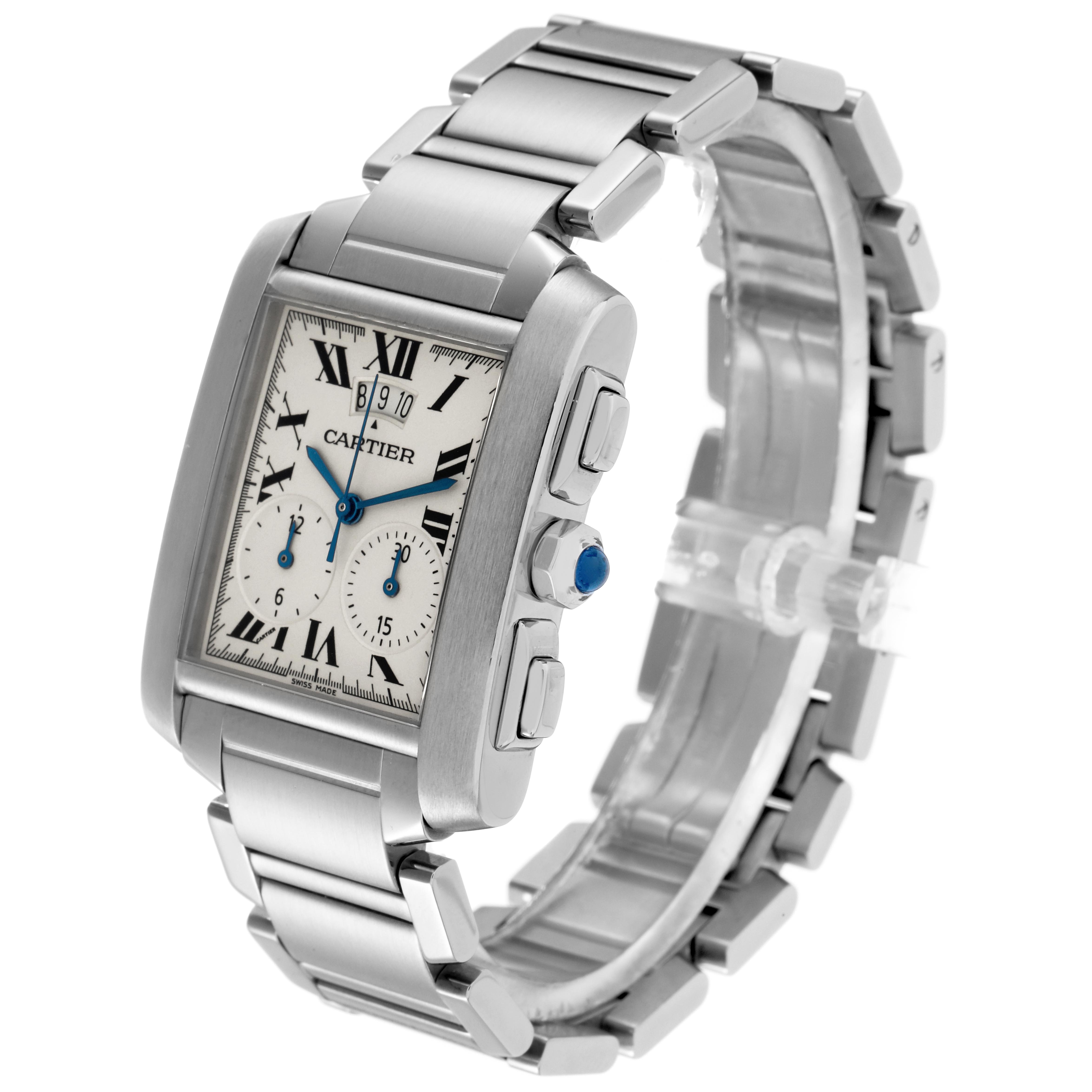 The Cartier Tank Française watch is shown at a three-quarter angle, displaying the face, bracelet, and crown with visible chronograph buttons.