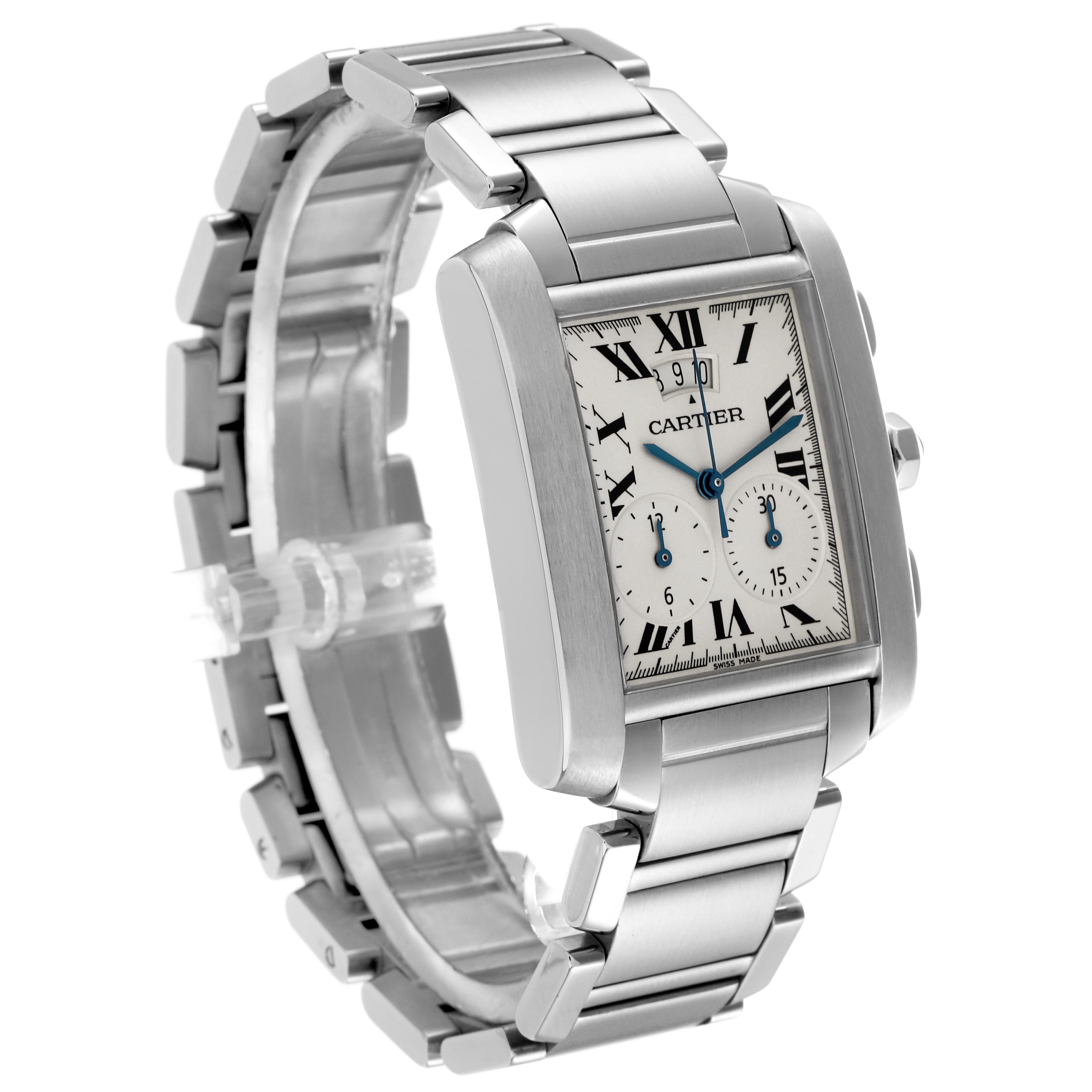 The Cartier Tank Française is shown at a three-quarter angle, displaying its face, steel bracelet, and side buttons.