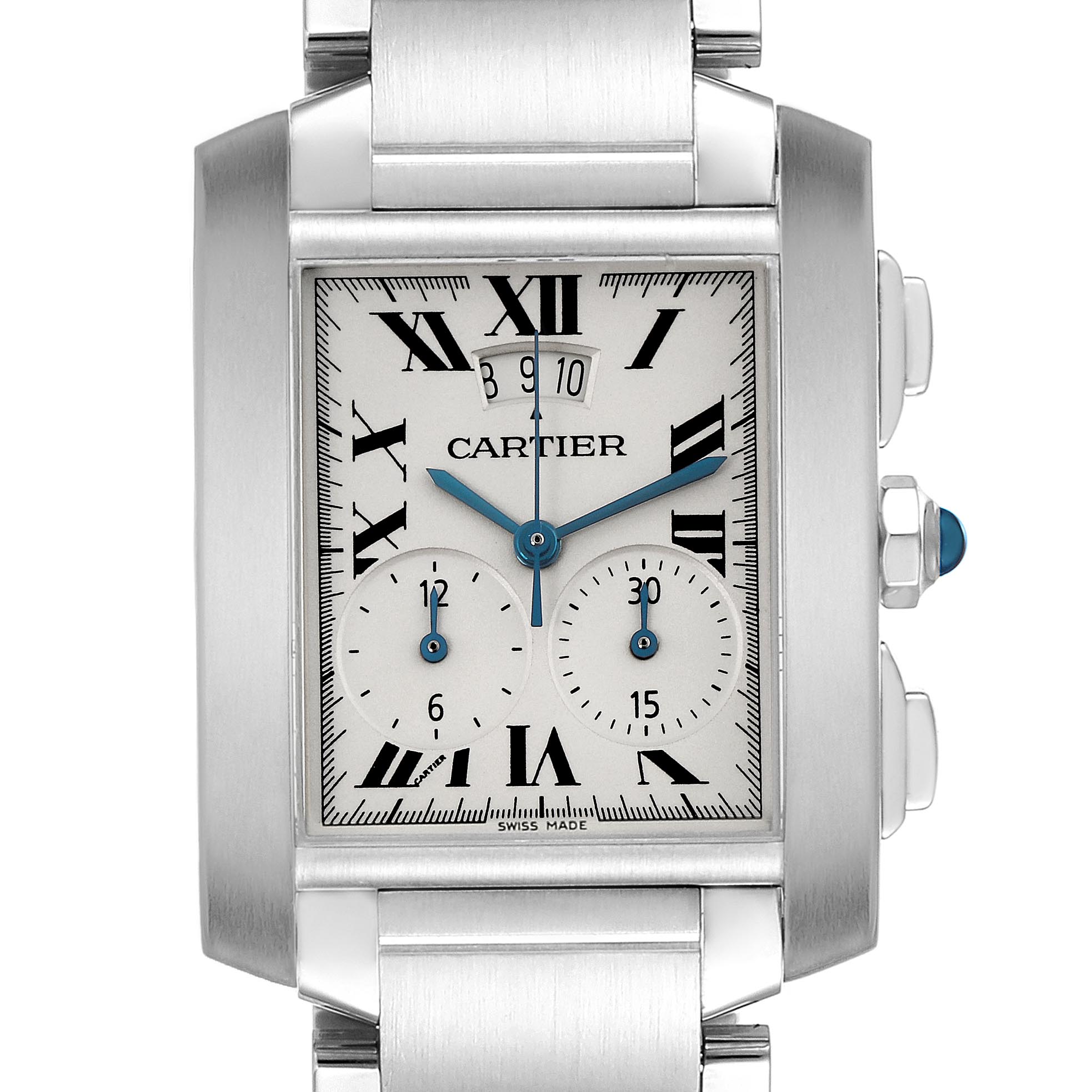 The Cartier Tank Francaise W51024Q3 Men
s Stainless Steel Silver Dial W51024Q3 Men
s Stainless Steel Silver Dial watch is shown from the front, displaying the dial, Roman numerals, subdials, and part of the bracelet.