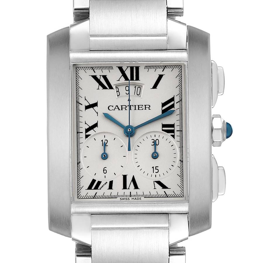 The Cartier Tank Francaise watch is shown from the front, displaying the dial, Roman numerals, subdials, and part of the bracelet.