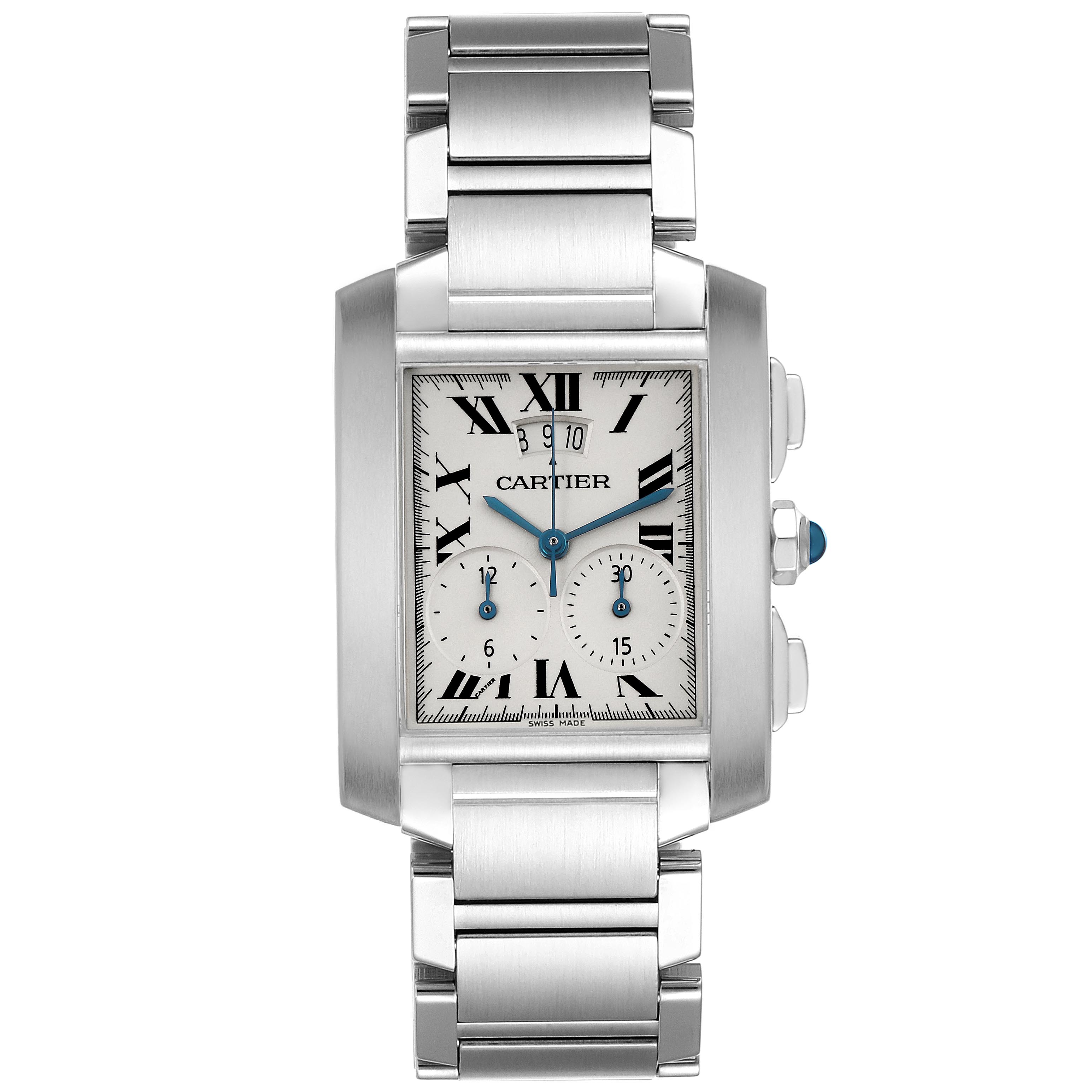 The Cartier Tank Française watch is shown from a front angle highlighting the rectangular face, watch hands, and stainless steel bracelet.