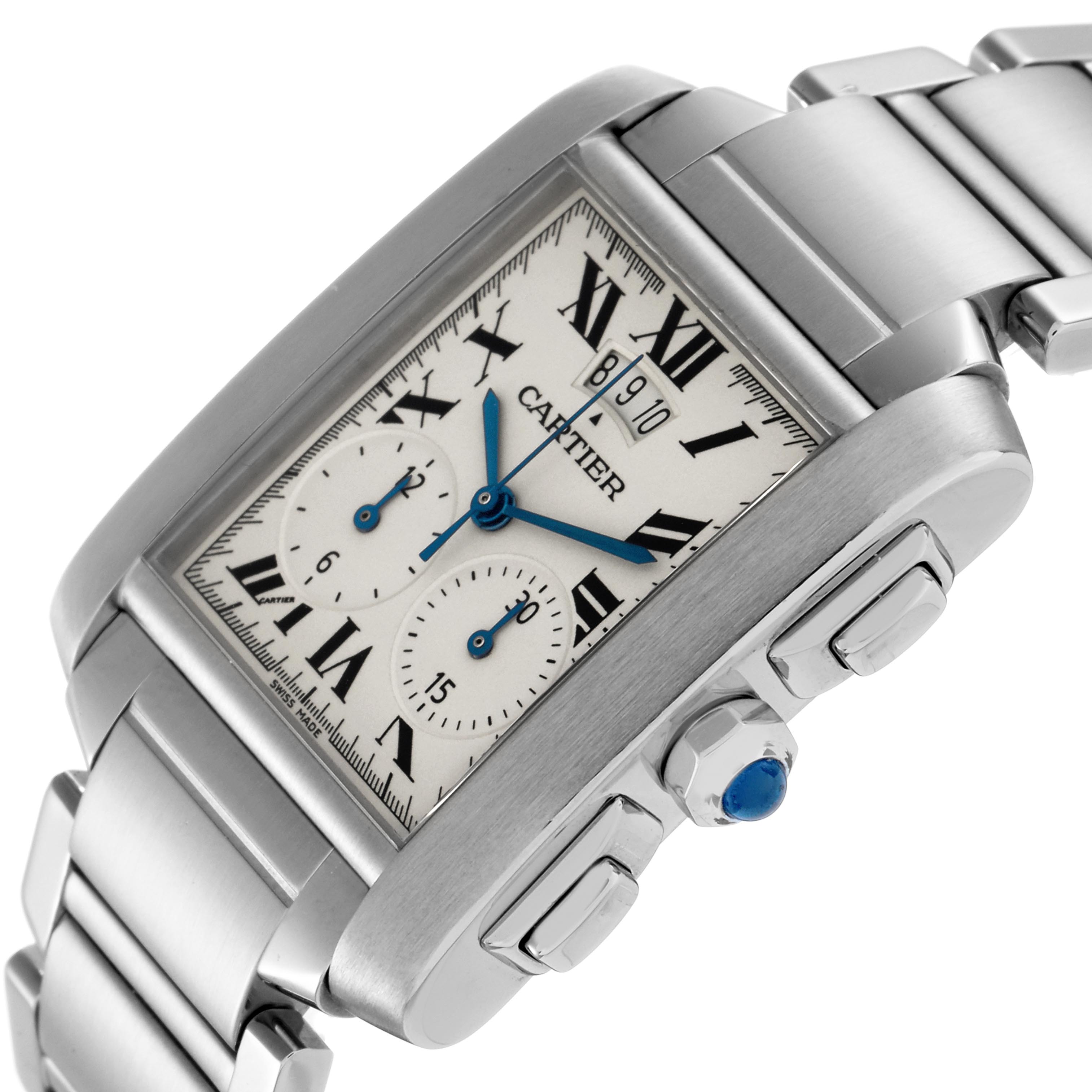 The Cartier Tank Française is shown at an angled view, highlighting the face, crown, and part of the bracelet.