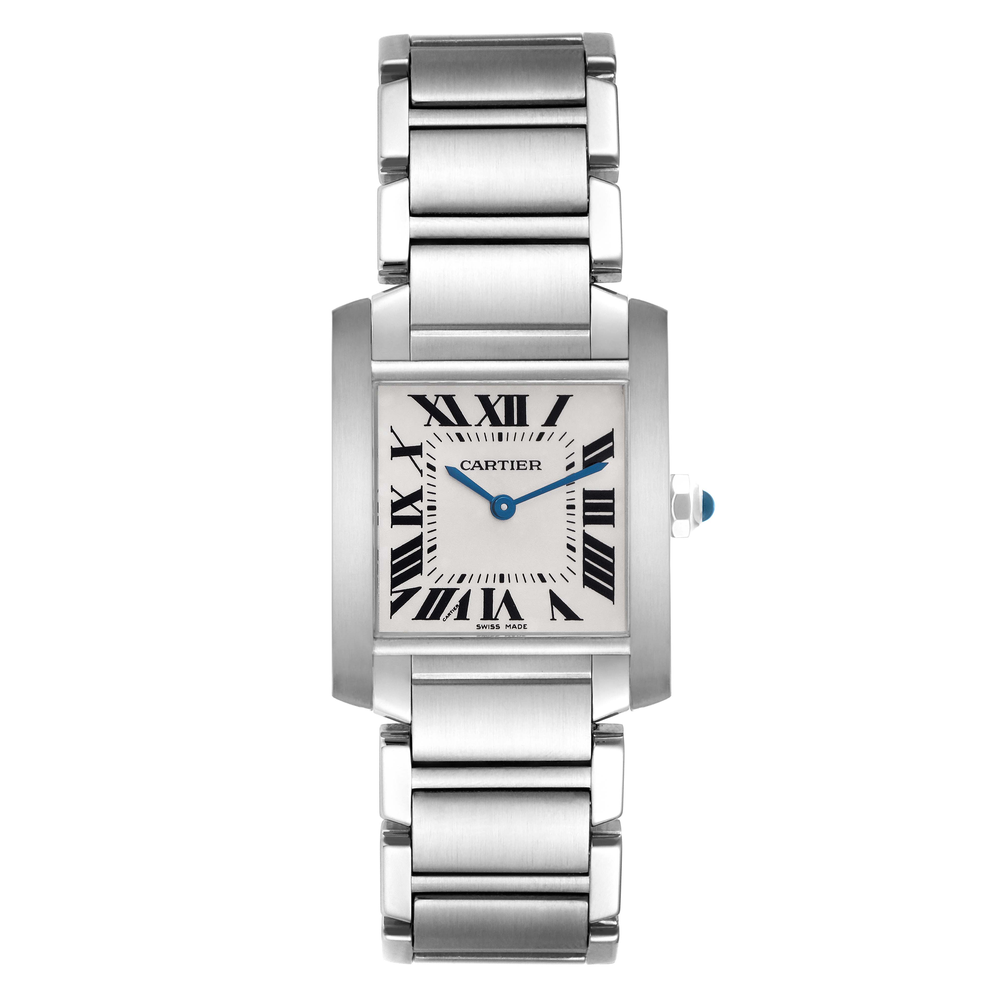 The Cartier Tank Française watch is shown from a top-down angle, displaying the face, case, and bracelet.