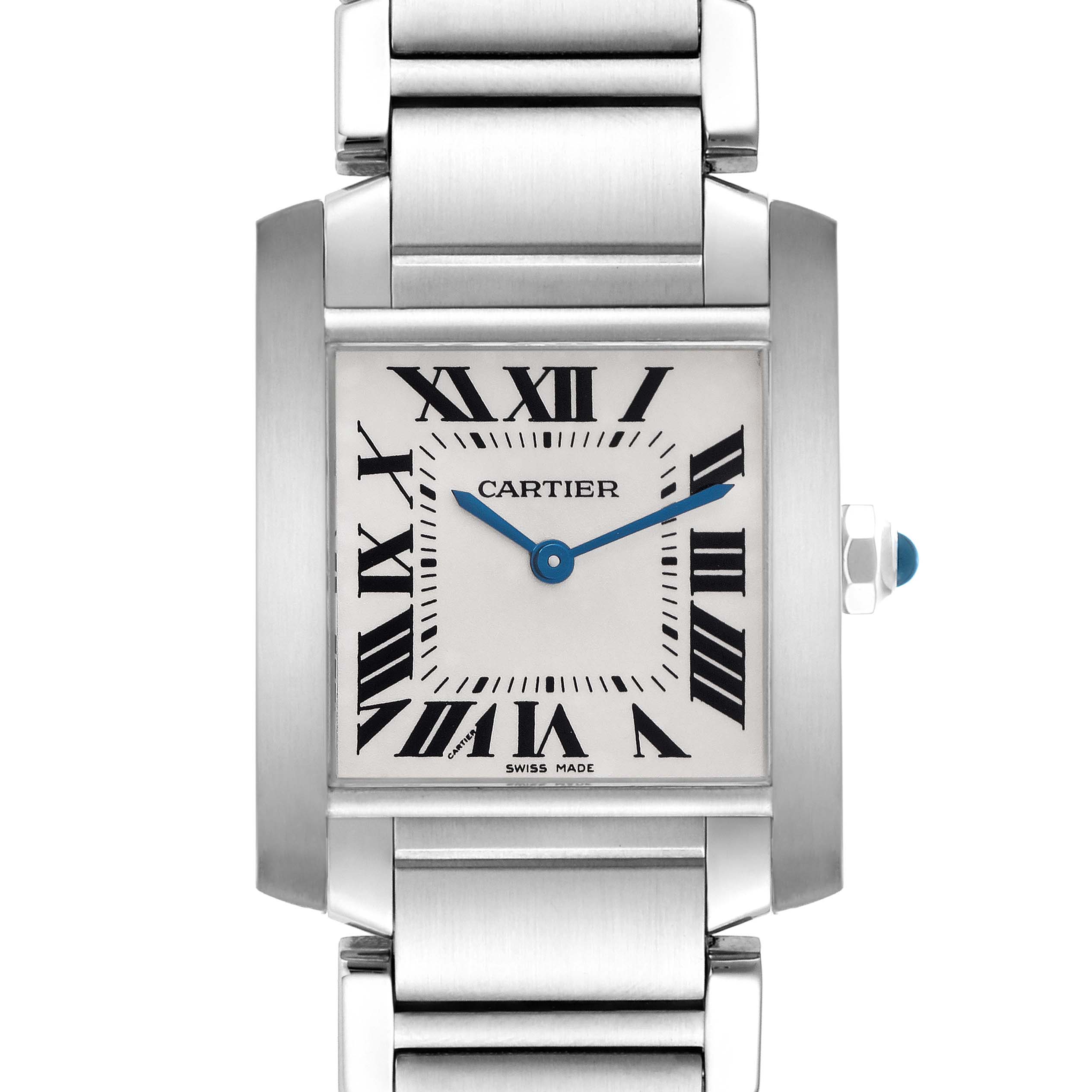 The Cartier Tank Française is shown from the front, displaying the square dial, Roman numerals, and metal bracelet.