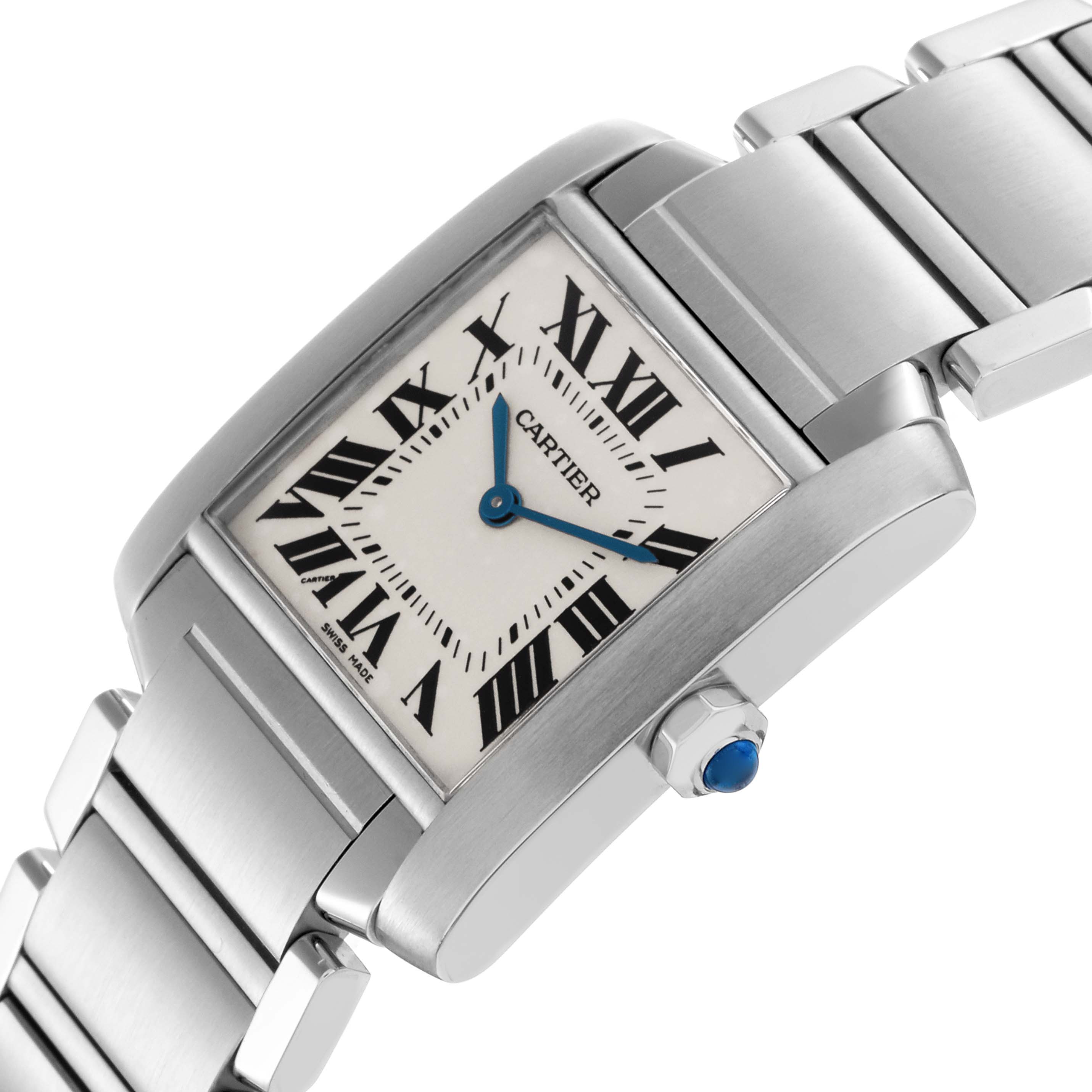 The Cartier Tank Francaise W51003Q3 Women
s Stainless Steel Silver Dial W51003Q3 Women
s Stainless Steel Silver Dial watch is shown at an angled close-up, highlighting the face, bezel, and metal bracelet.
