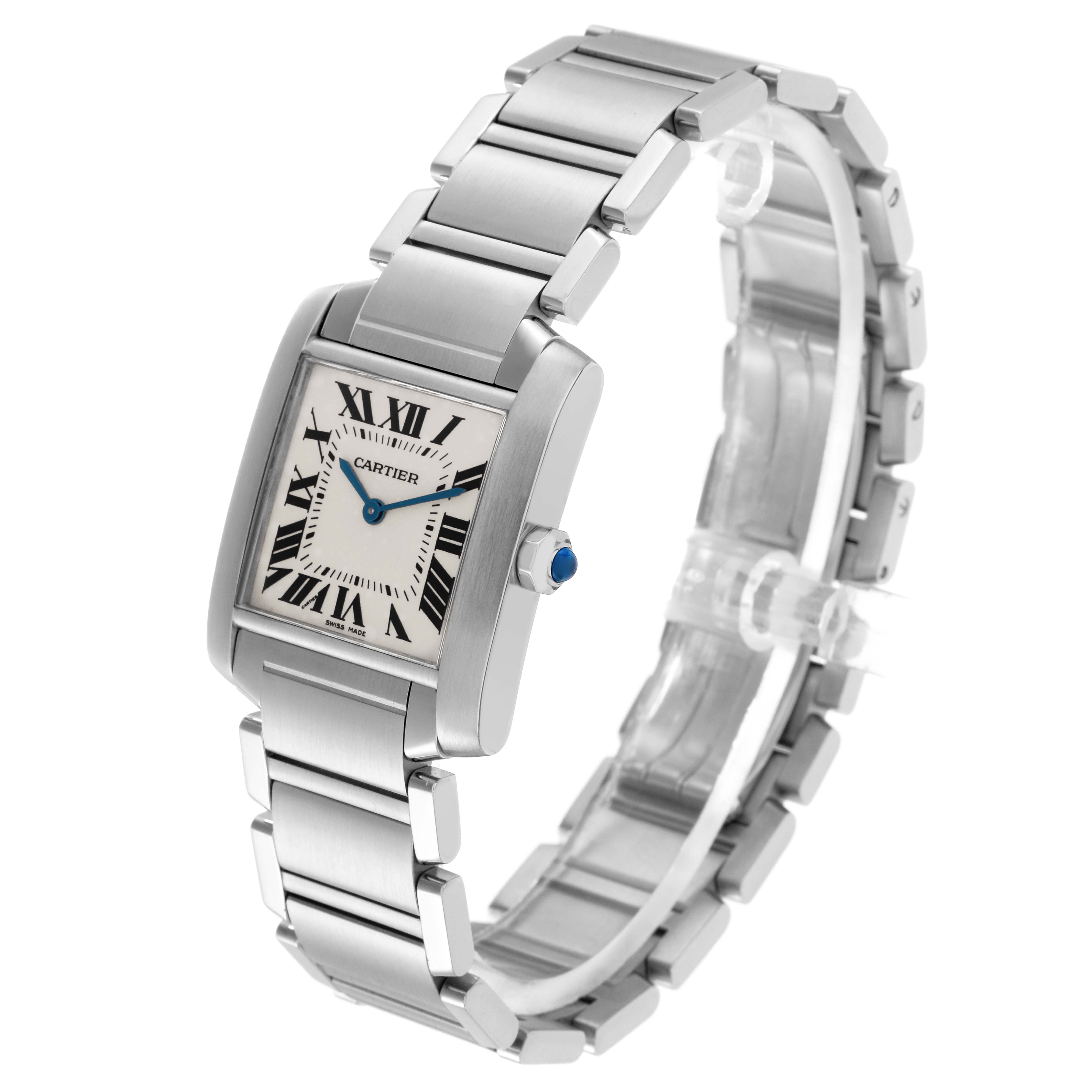 The Cartier Tank Française watch is shown at an angled view, revealing the face, bracelet, crown, and its blue cabochon.