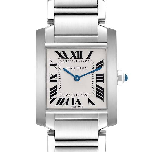 The Cartier Tank Francaise watch is shown from the front, displaying the dial, case, and part of the bracelet.