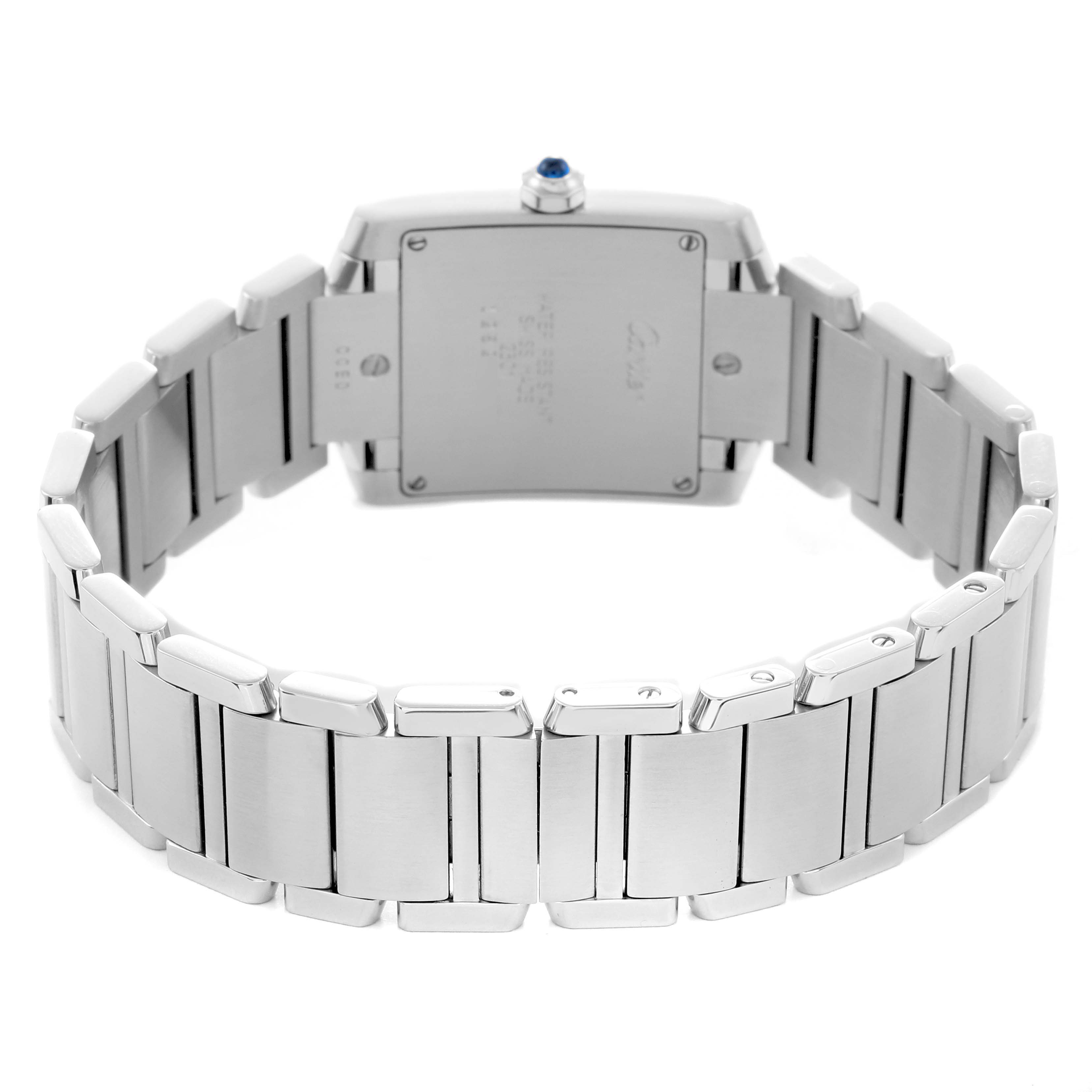 The Cartier Tank Francaise W51003Q3 Women
s Stainless Steel Silver Dial W51003Q3 Women
s Stainless Steel Silver Dial watch is shown from the back, displaying the case back and metal bracelet.
