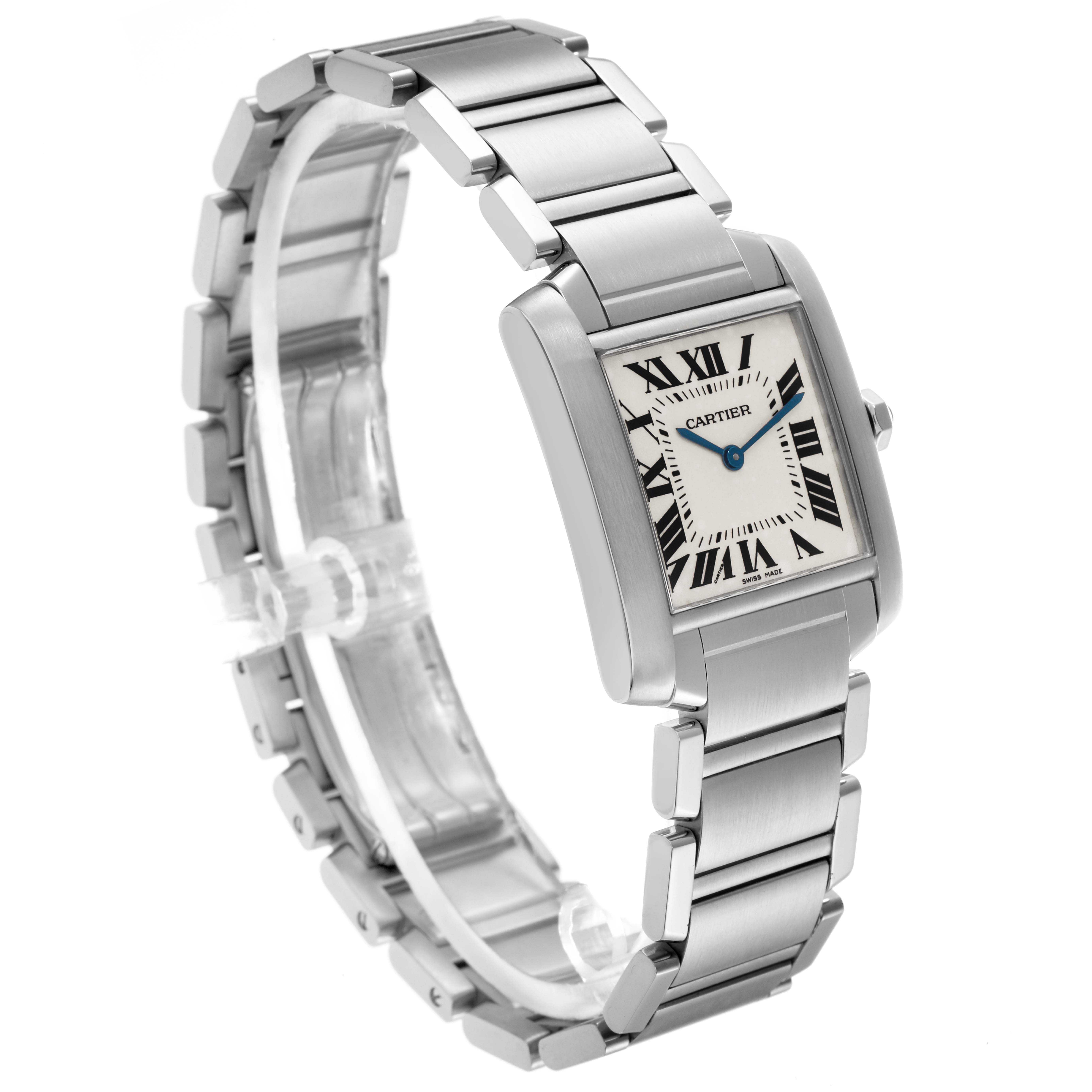 The Cartier Tank Française watch is shown at an angled view, highlighting the face, side, and bracelet.