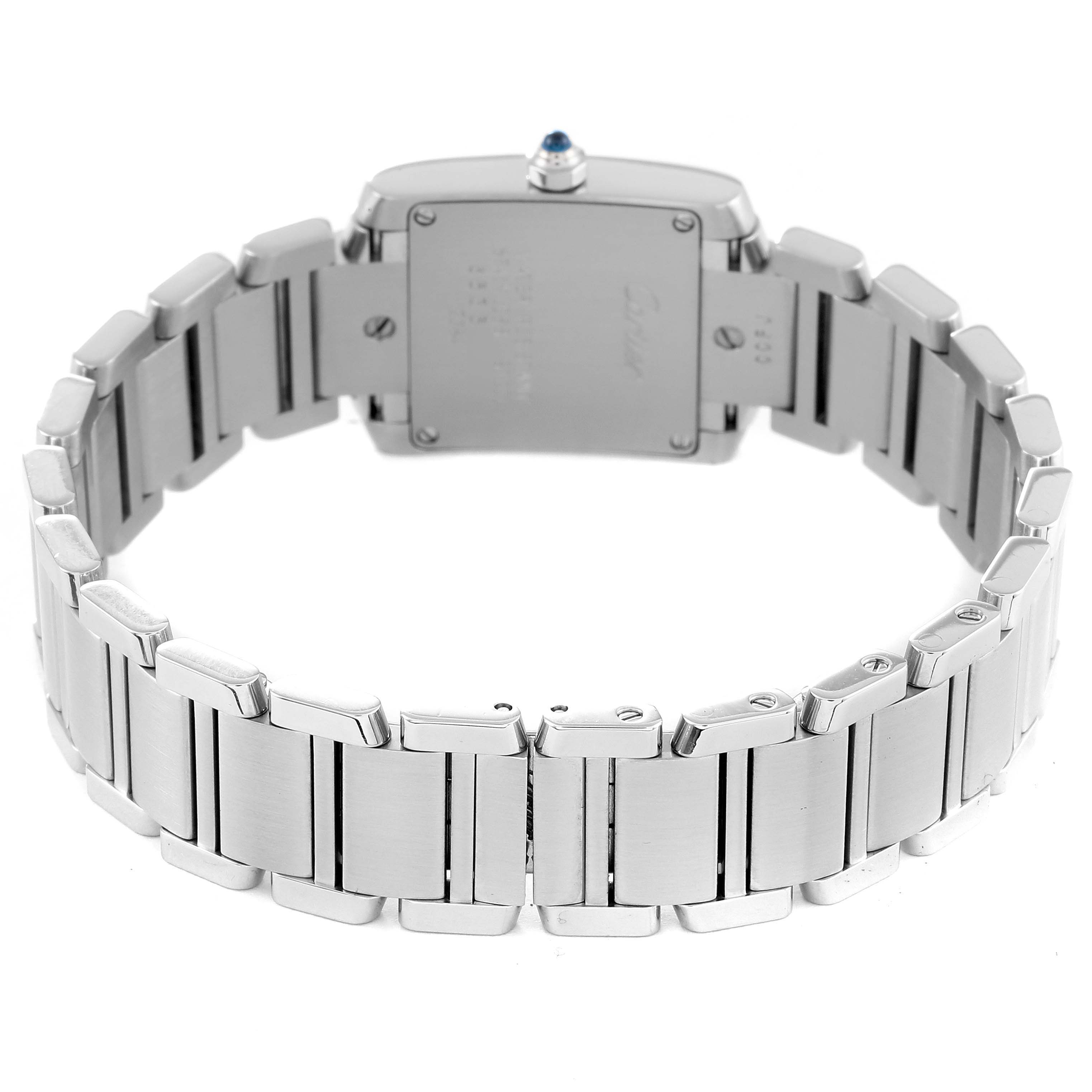 This Cartier Tank Francaise W51008Q3 Women
s Stainless Steel Silver Dial W51008Q3 Women
s Stainless Steel Silver Dial watch is shown from the rear, highlighting its stainless steel bracelet and caseback.
